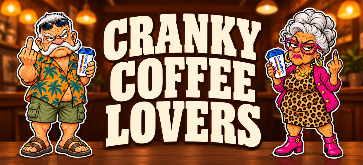 Cranky Coffee Lovers with large centered lettering, a grumpy man on the left and woman on the right against a warm coffeehouse background.