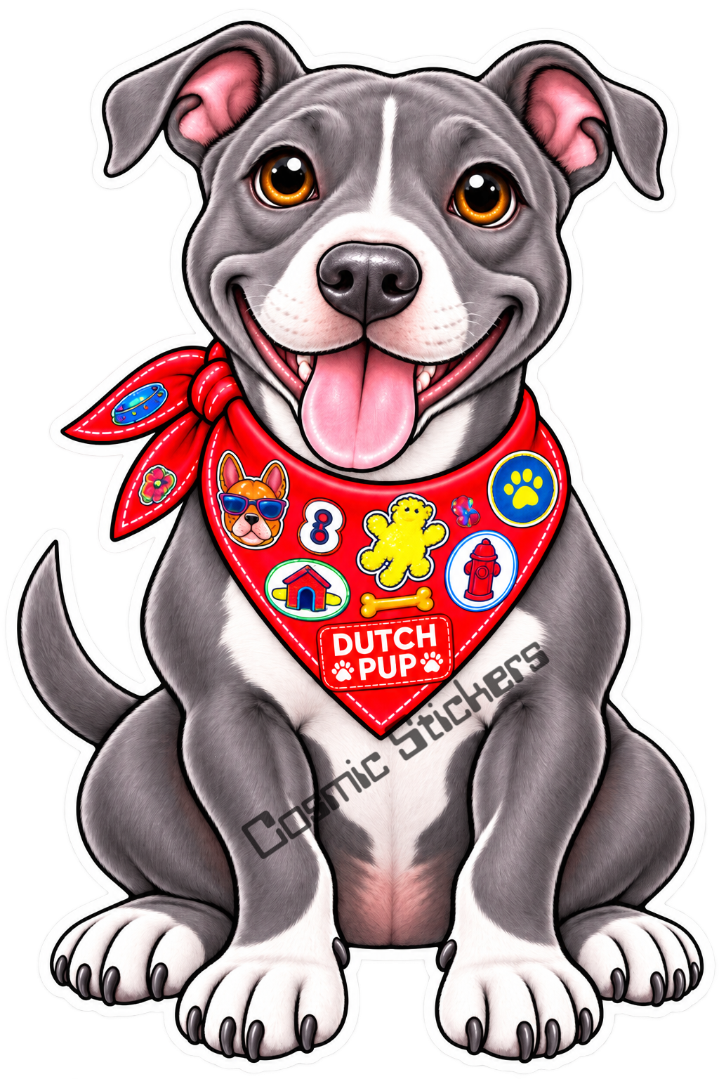 Fan-Made Dutch Pups! - Pit Bull Gray w/ Red Bandana Vinyl Sticker