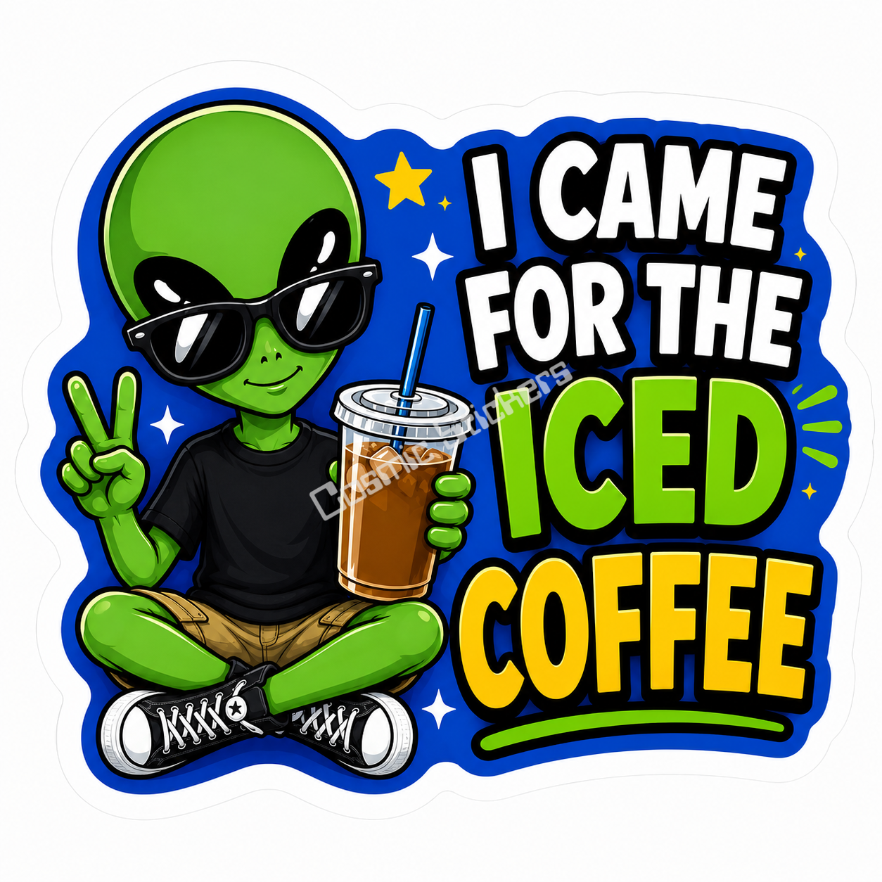 Cosmic Alien - I Came For The Iced Coffee premium die-cut vinyl sticker by Cosmic Stickers