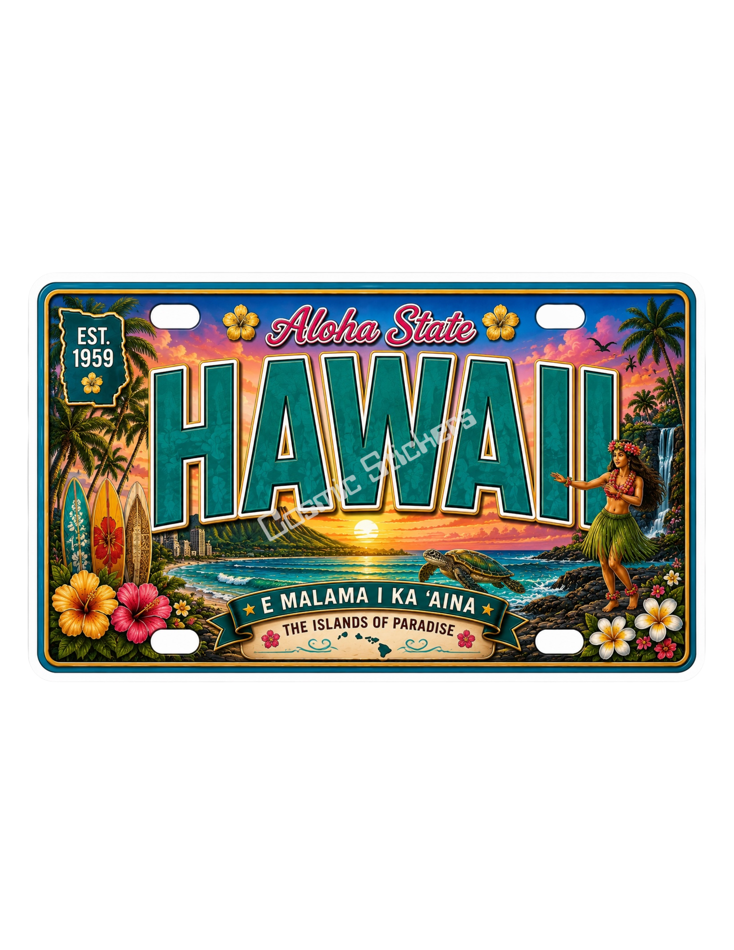 50 State License Plate Sticker Collection •HI• premium die-cut vinyl sticker by Cosmic Stickers
