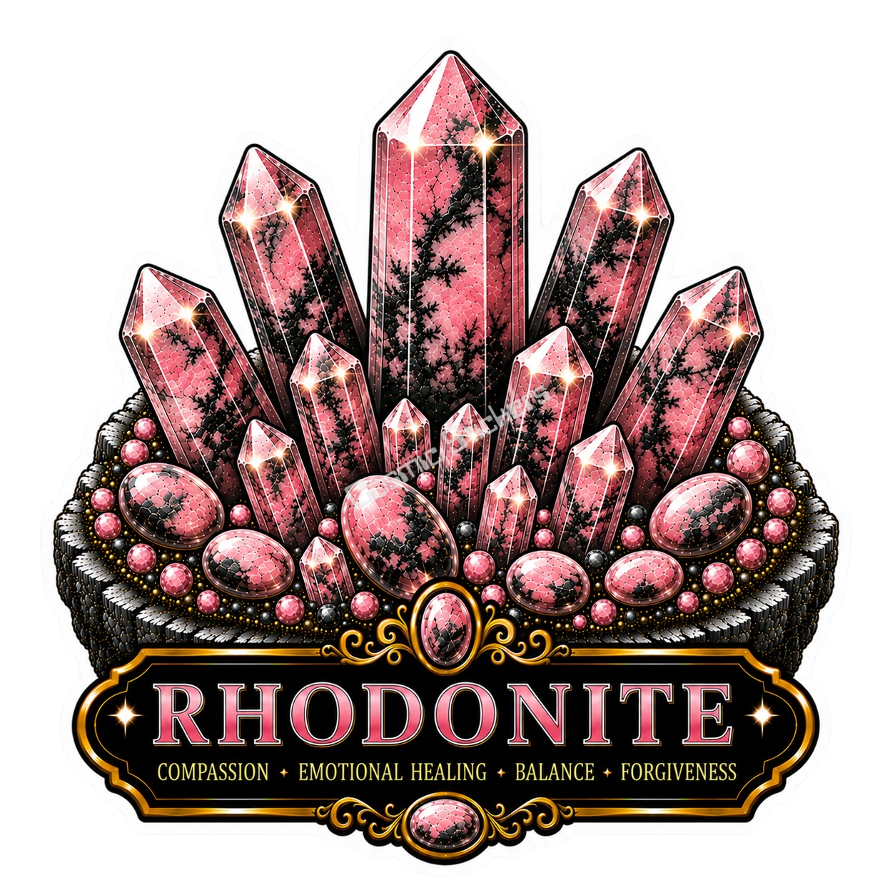 Crystal Meanings Collection - Rhodonite premium die-cut vinyl sticker by Cosmic Stickers