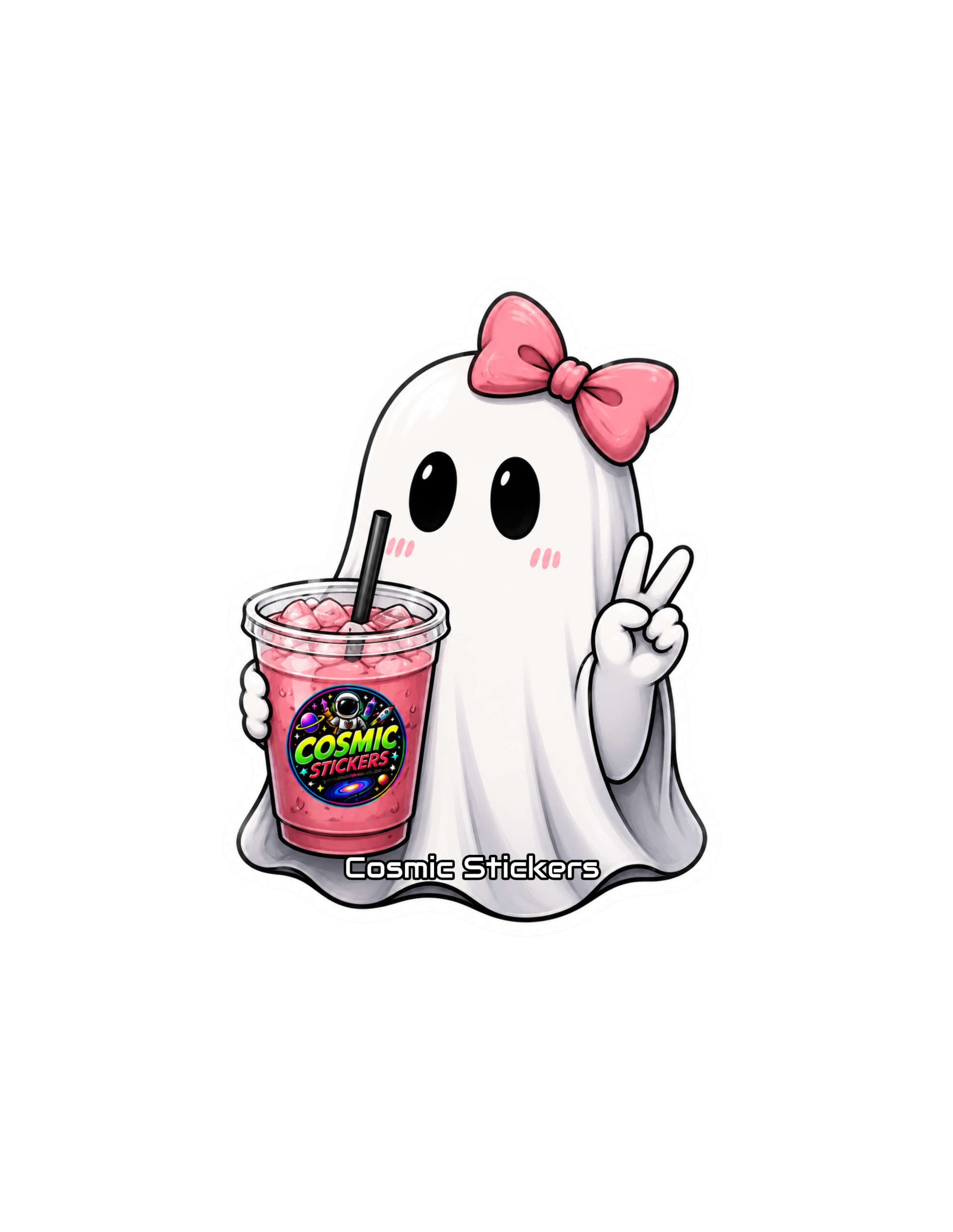 Cosmic Coffee Ghosts •Bow Boo• premium die-cut vinyl sticker by Cosmic Stickers