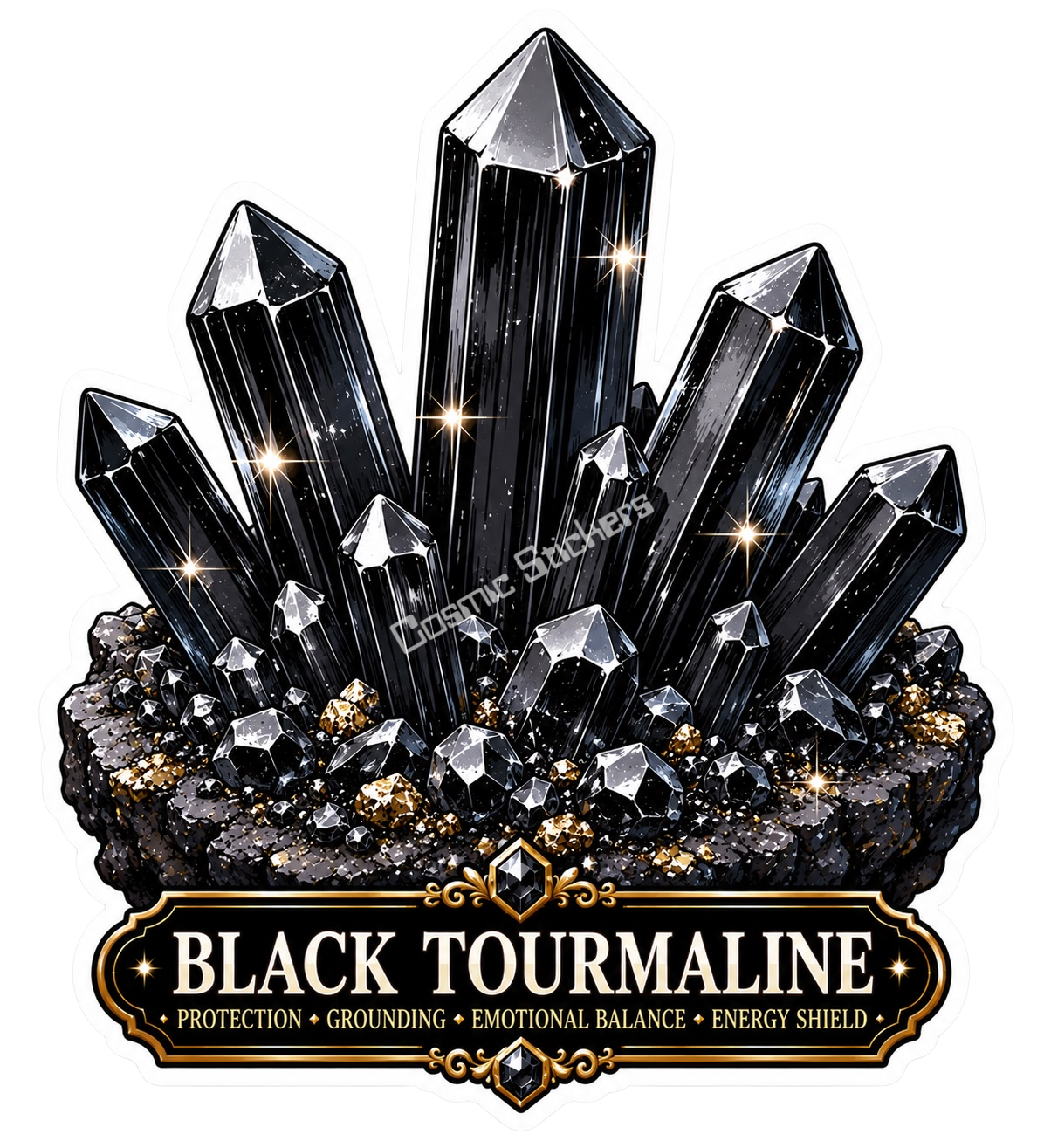 Crystal Meanings Collection - Black Tourmaline premium die-cut vinyl sticker by Cosmic Stickers