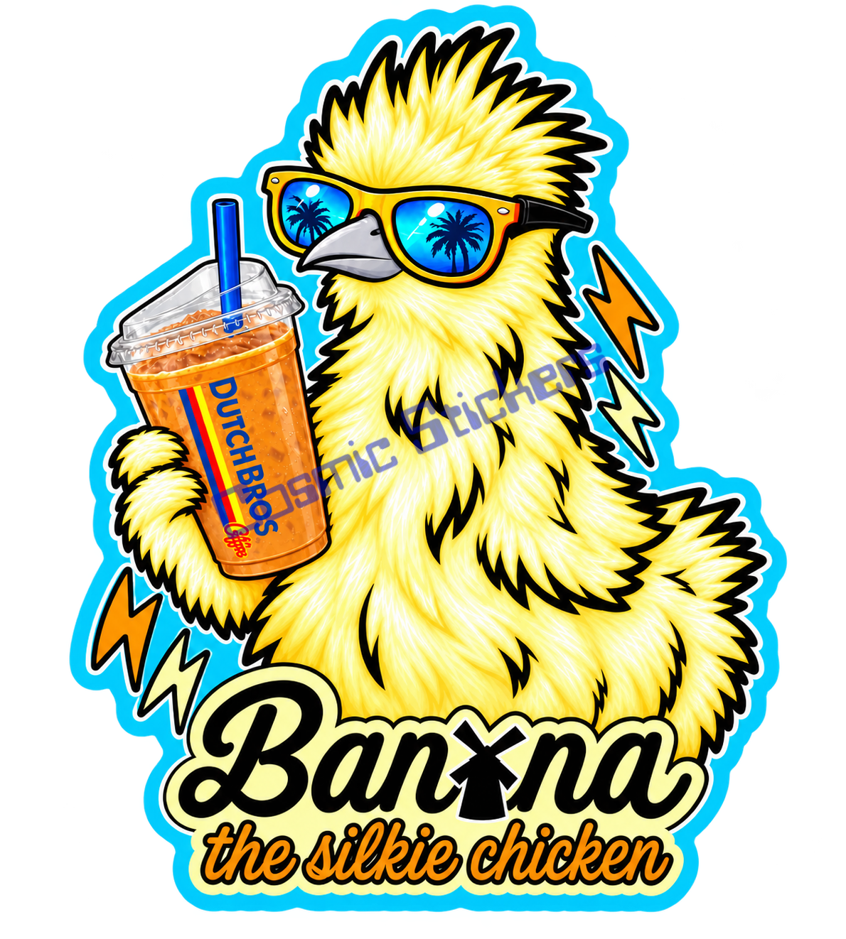 Fan-Made Banana the Silkie Chicken | Dutch Bros Inspired Sticker (Cosmic Stickers Style)