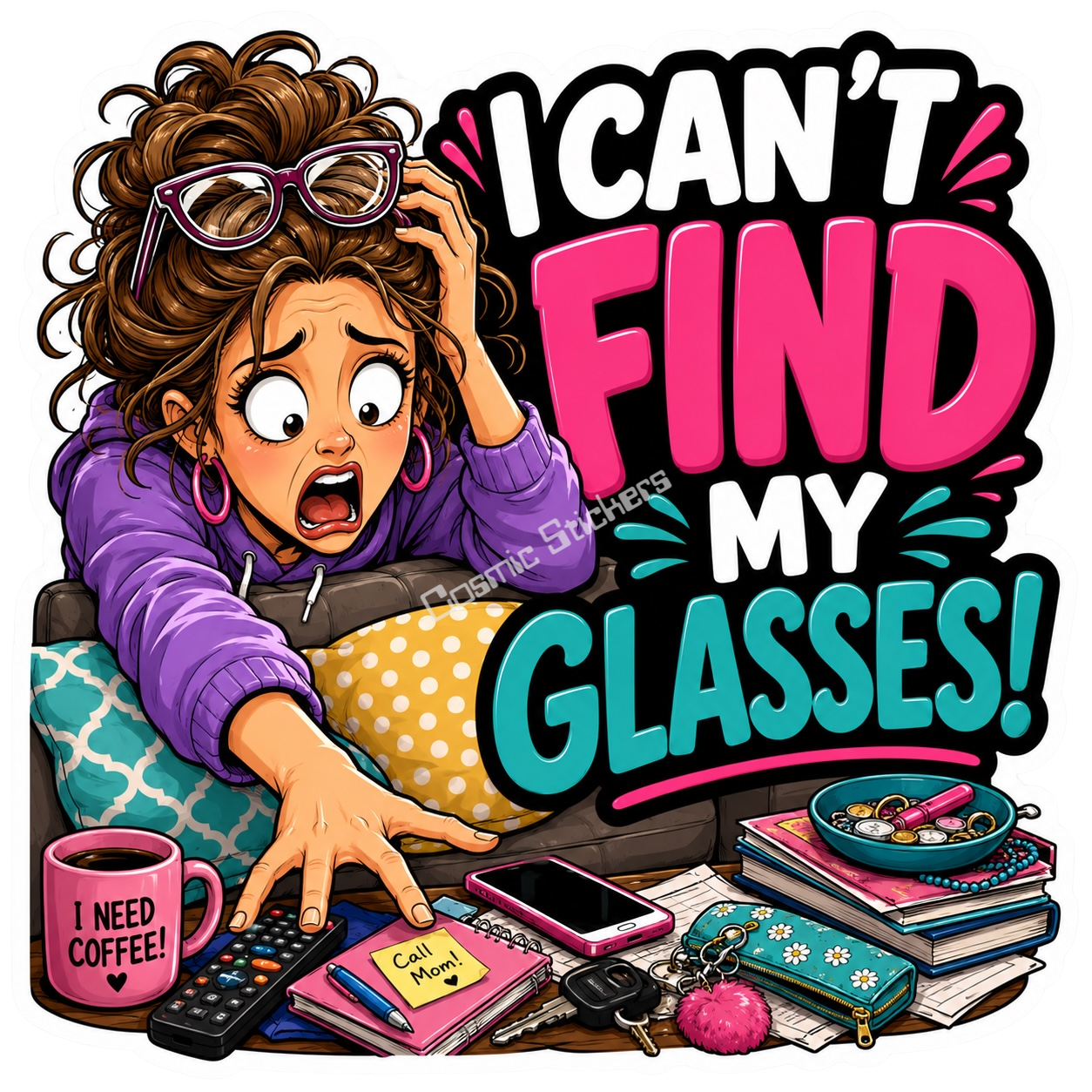 Cosmic Stickers - Woman Can’t Find My Glasses premium die-cut vinyl sticker by Cosmic Stickers