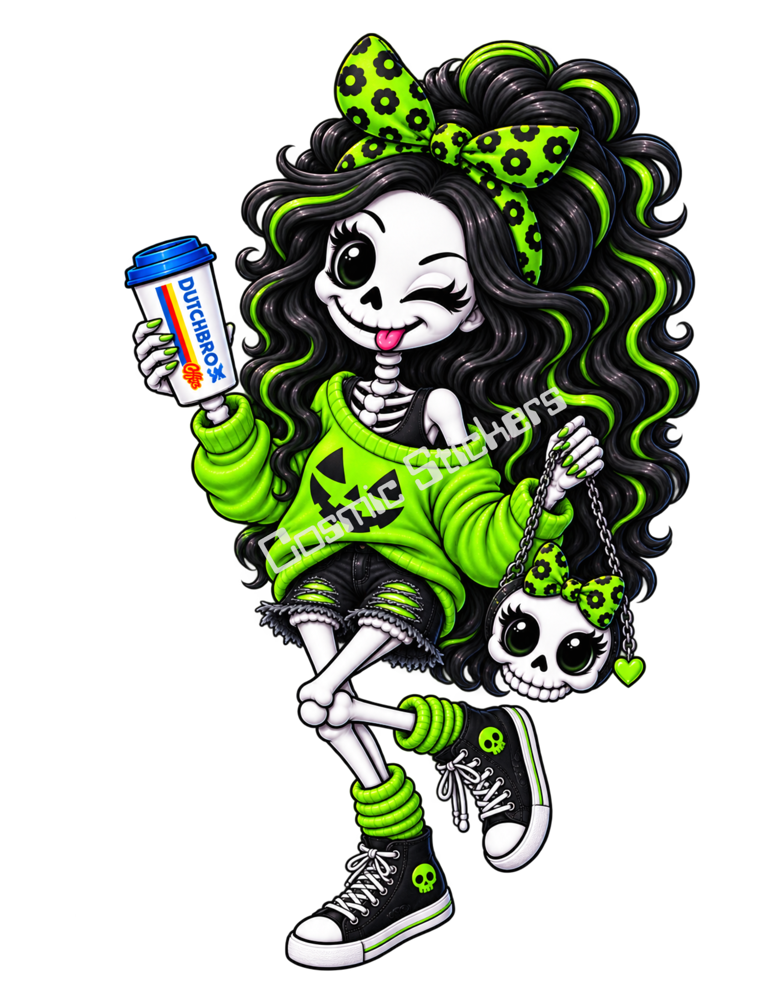 Green Caffeine & Bones Skeleton Hot Coffee Girl w/ Skull Purse Sticker