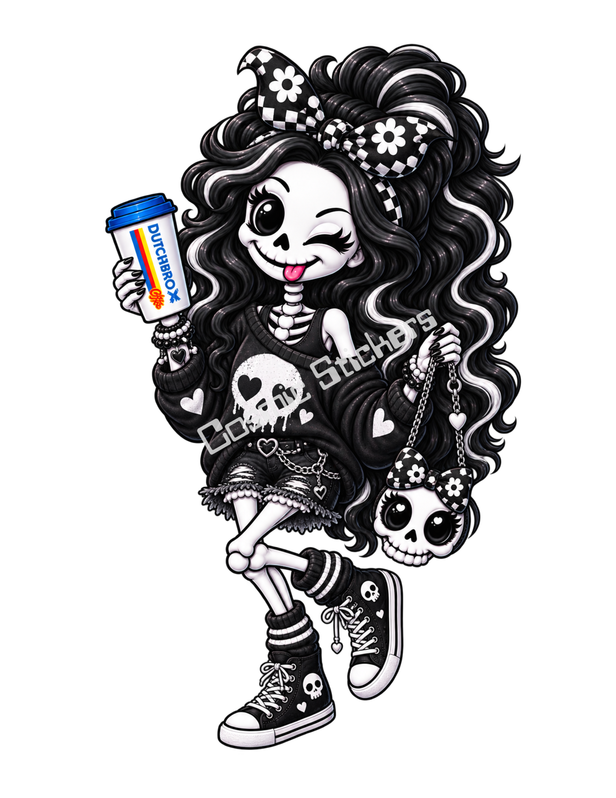 Black Caffeine & Bones Skeleton Hot Coffee Girl w/ Skull Purse Sticker