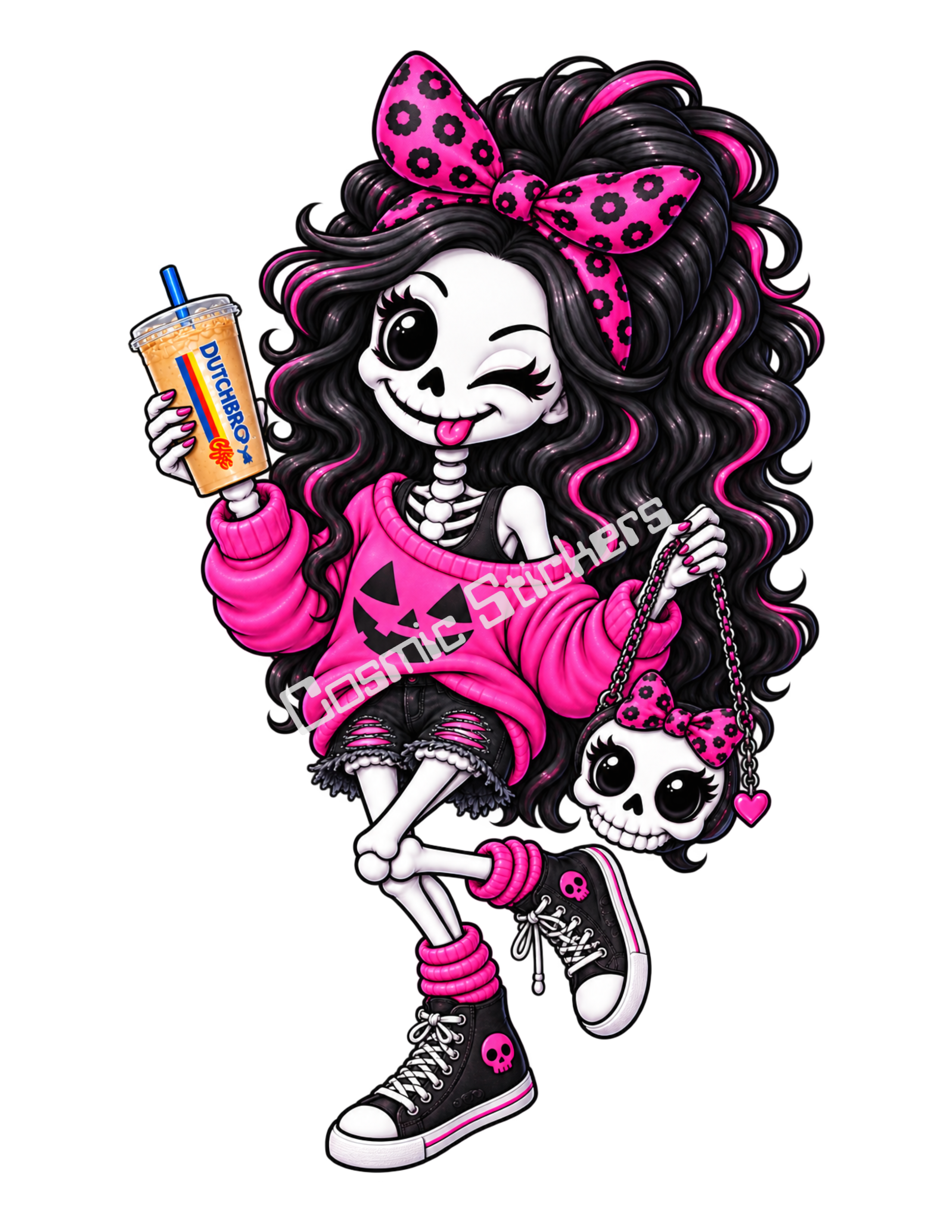 Green Caffeine & Bones Skeleton Iced Coffee Girl w/ Skull Purse Sticker