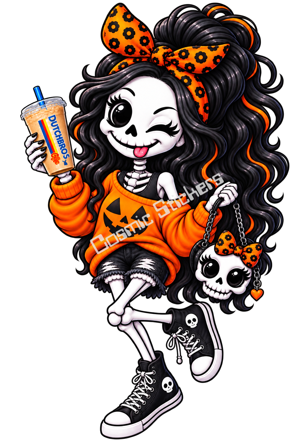 Orange Pumpkin Caffeine & Bones Skeleton Iced Coffee Girl w/ Skull Purse Sticker