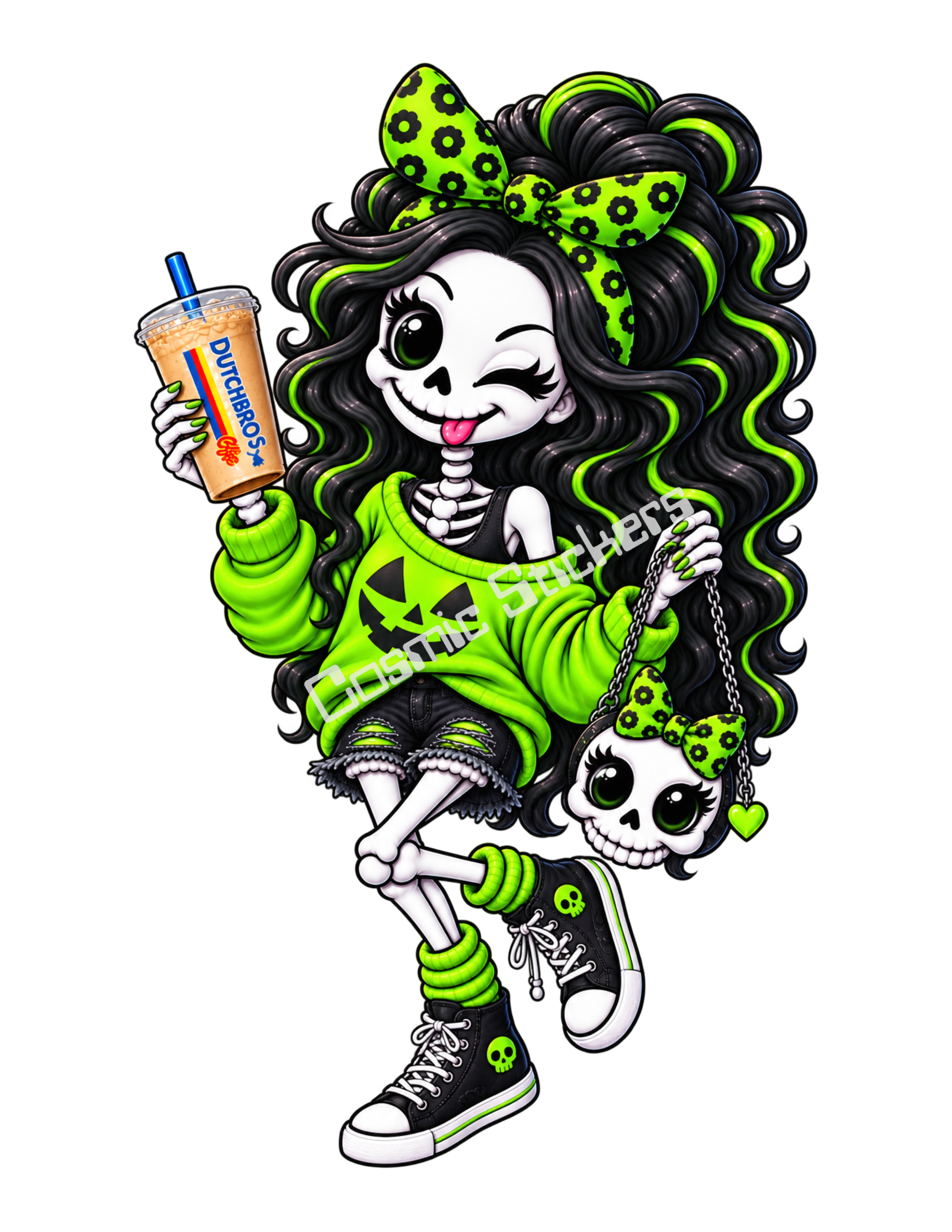 Green Caffeine & Bones Skeleton Iced Coffee Girl w/ Skull Purse Sticker
