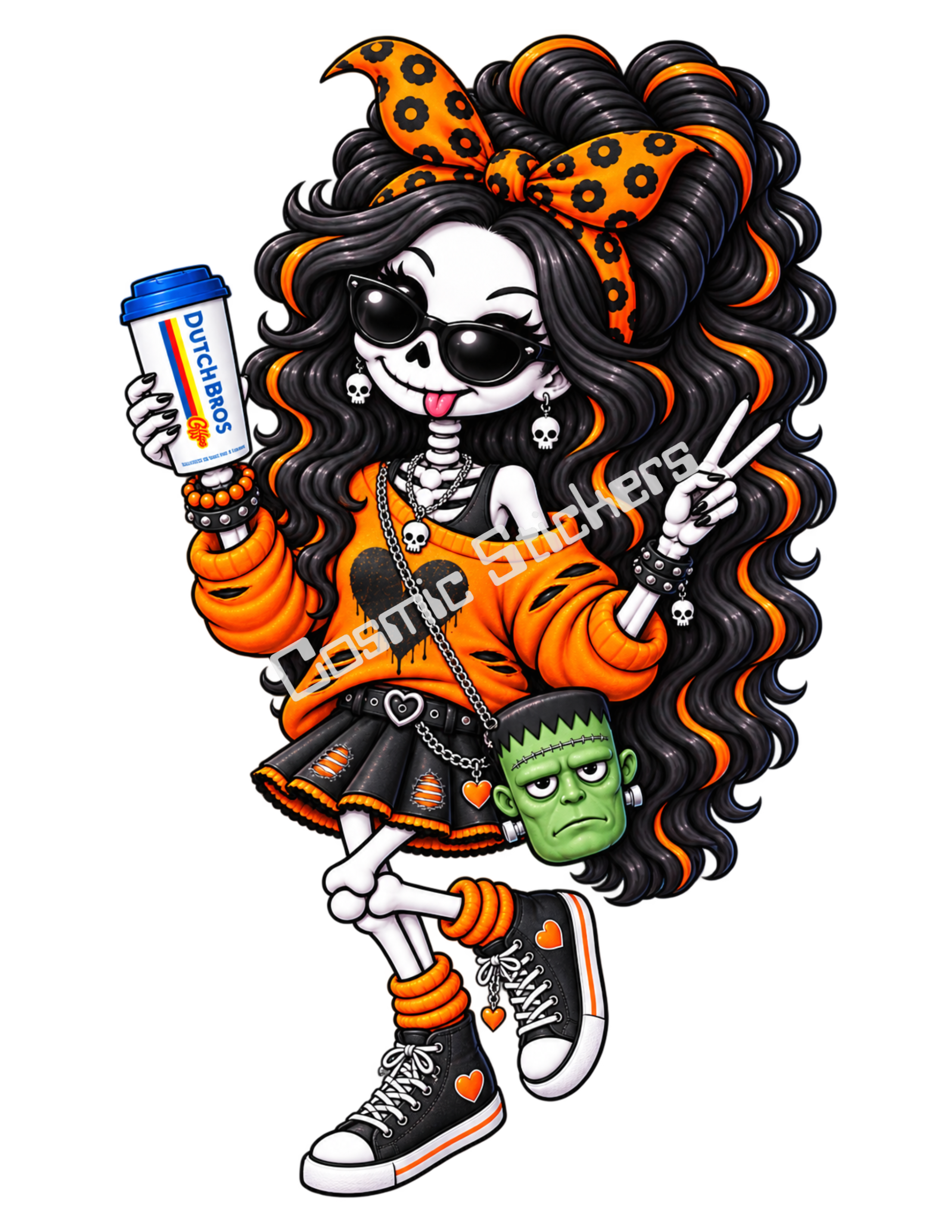 Orange Frankenstein Caffeine & Bones Skeleton Coffee Girl w/ Frankenstein Purse Sticker