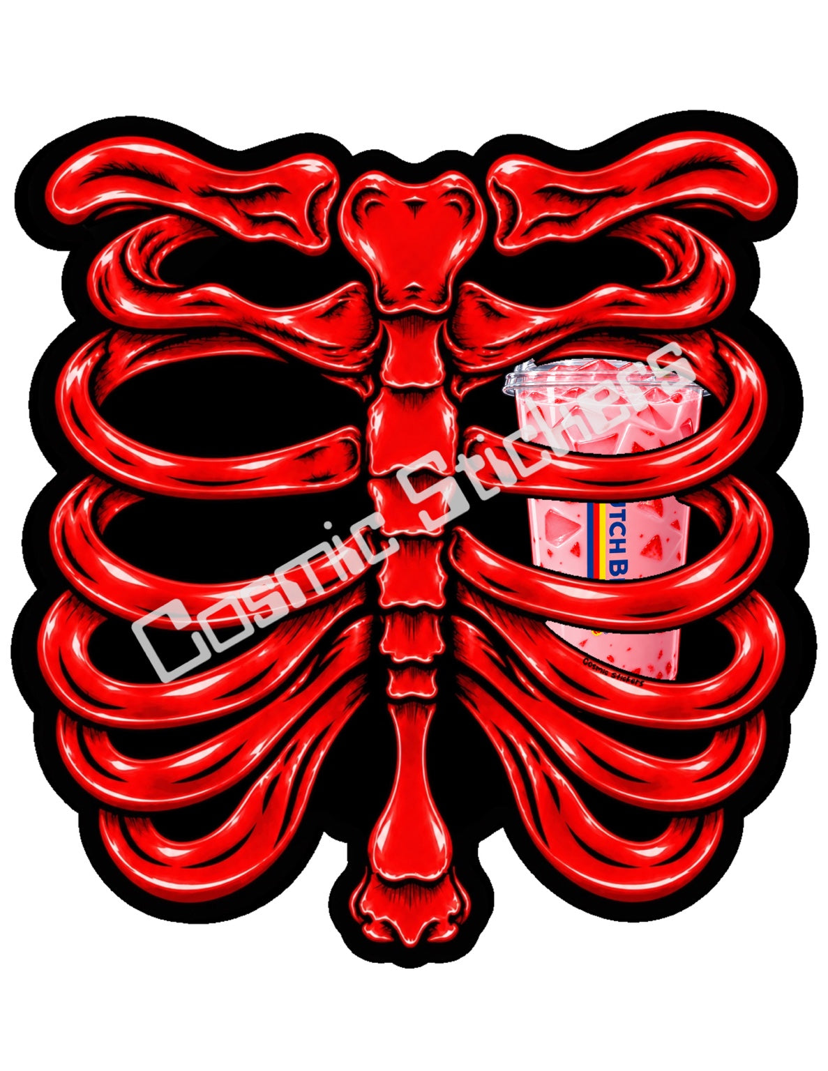 Fan Made Dutch Bros Red Skeleton - Pink Strawberry Iced Drink Sticker