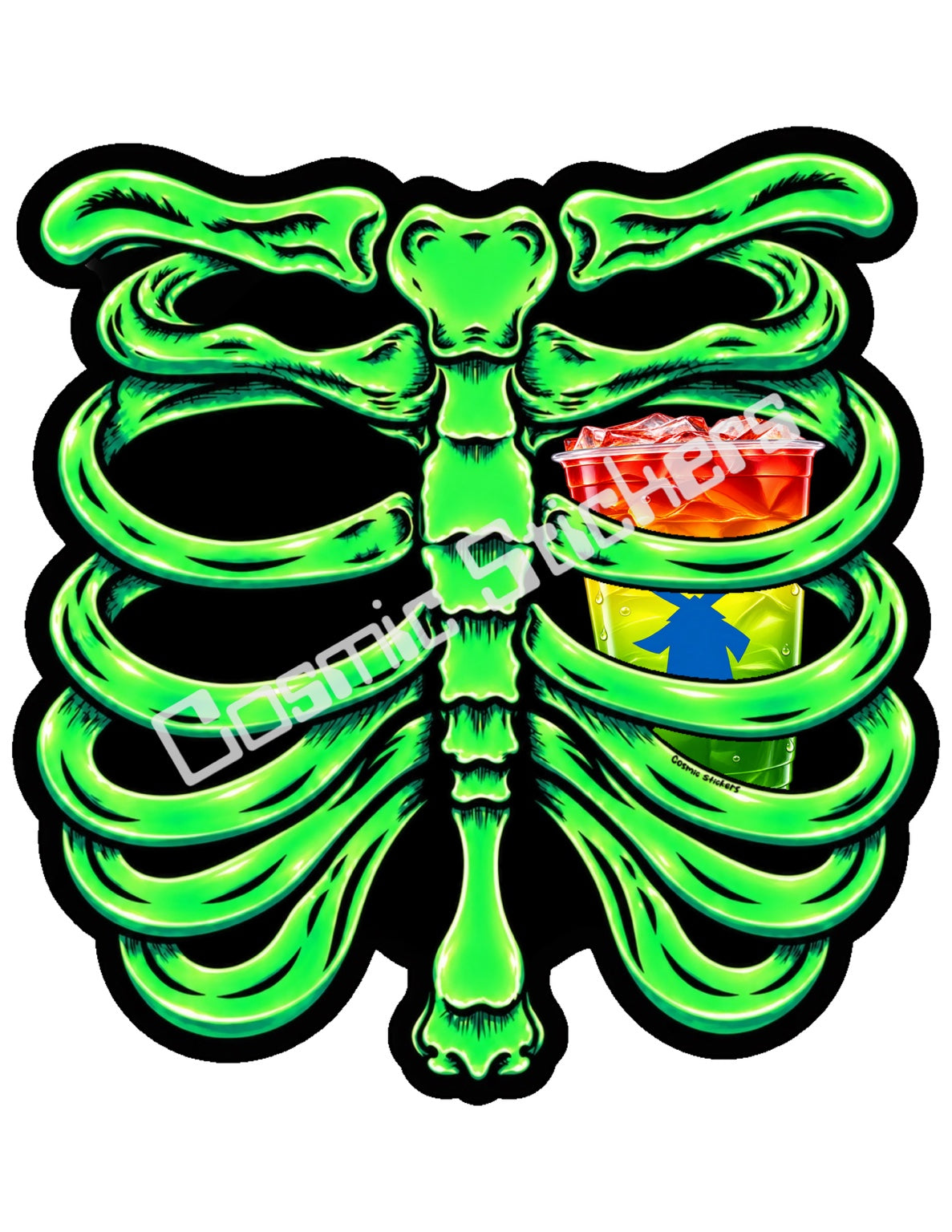 Fan Made Dutch Bros Neon Green Skeleton - Rainbow Iced Drink Sticker