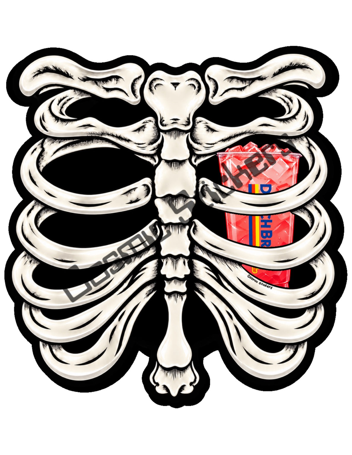 Fan Made Dutch Bros Bone White Skeleton - Coral Iced Drink Sticker
