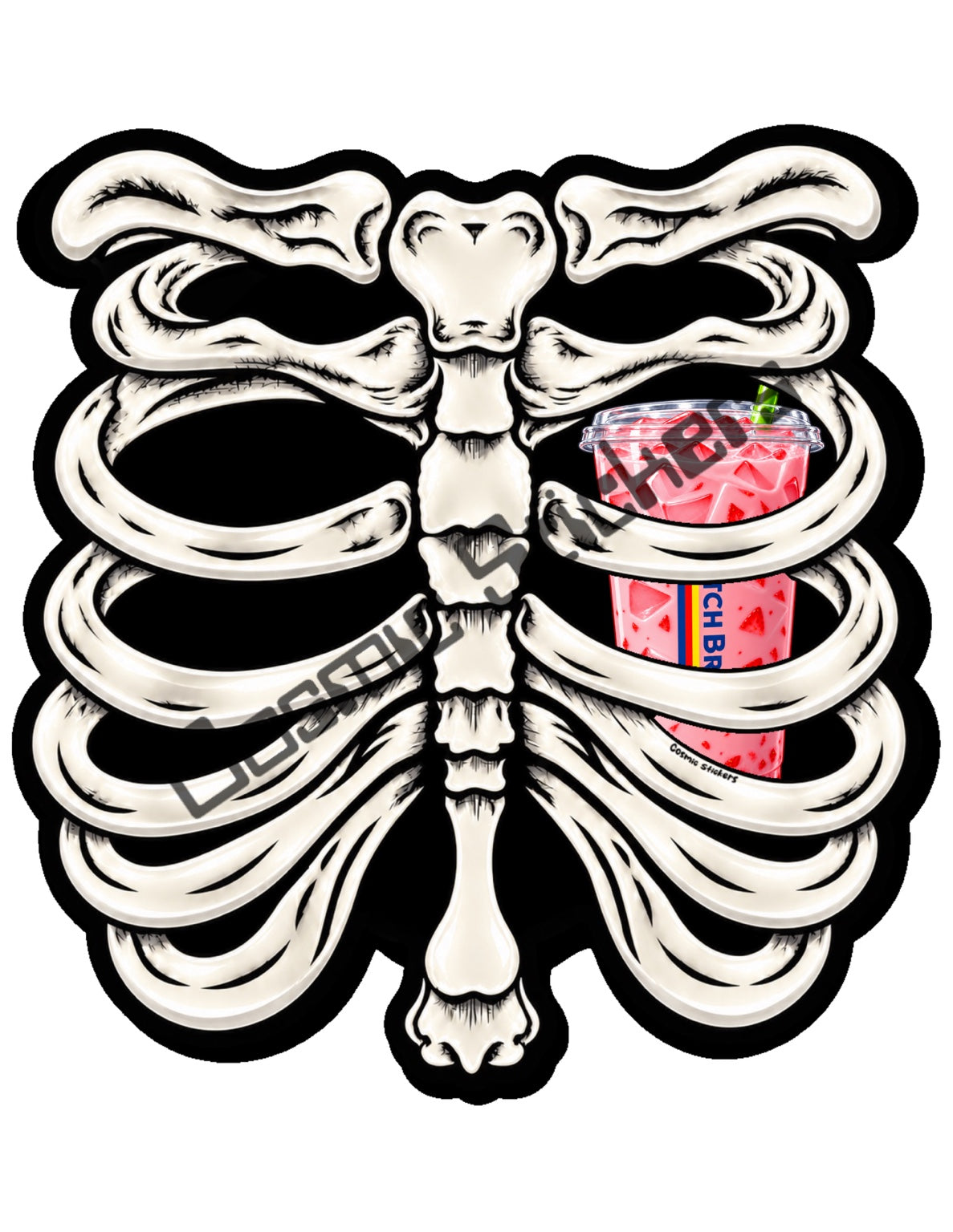 Fan Made Dutch Bros Bone White Skeleton - Pink Strawberry Iced Drink Sticker