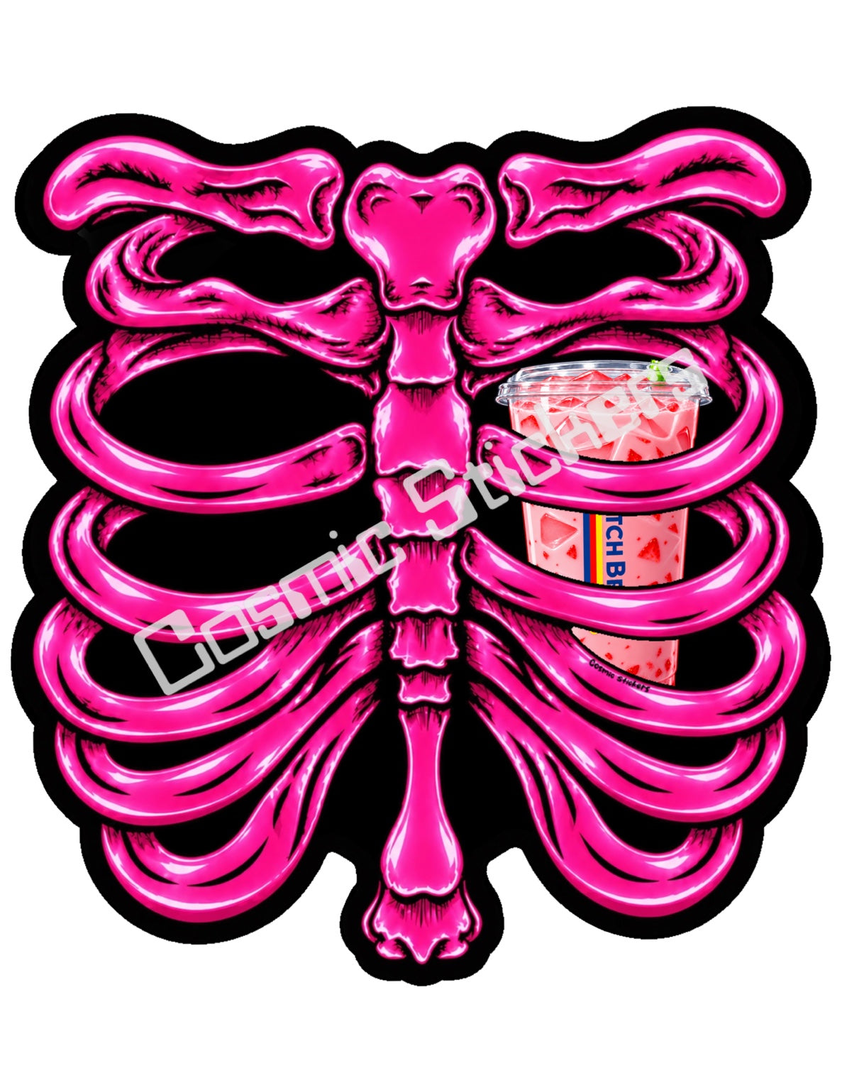 Fan Made Dutch Bros Hot Pink Skeleton - Pink Strawberry Iced Drink Sticker
