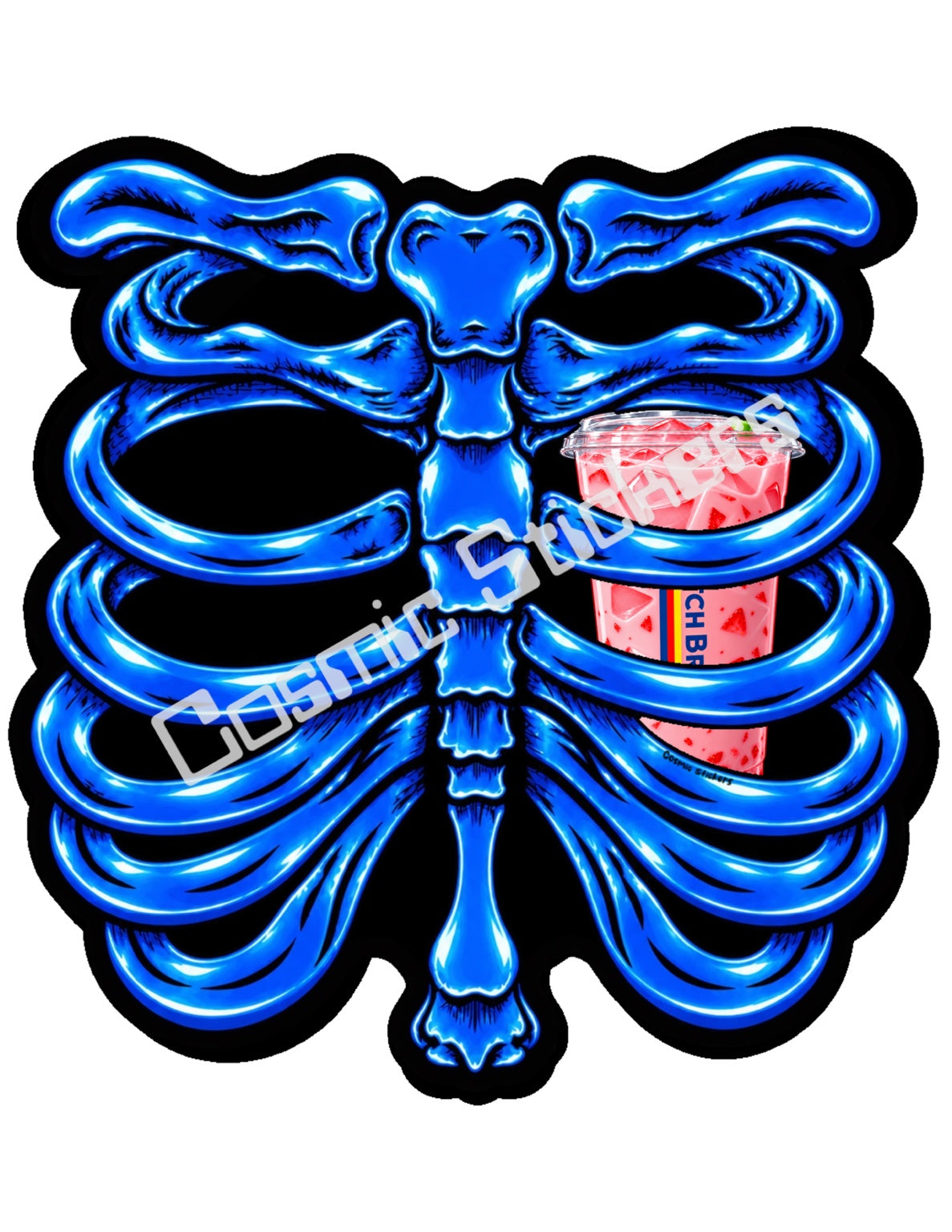 Fan Made Dutch Bros Blue Skeleton - Pink Strawberry Iced Drink Sticker