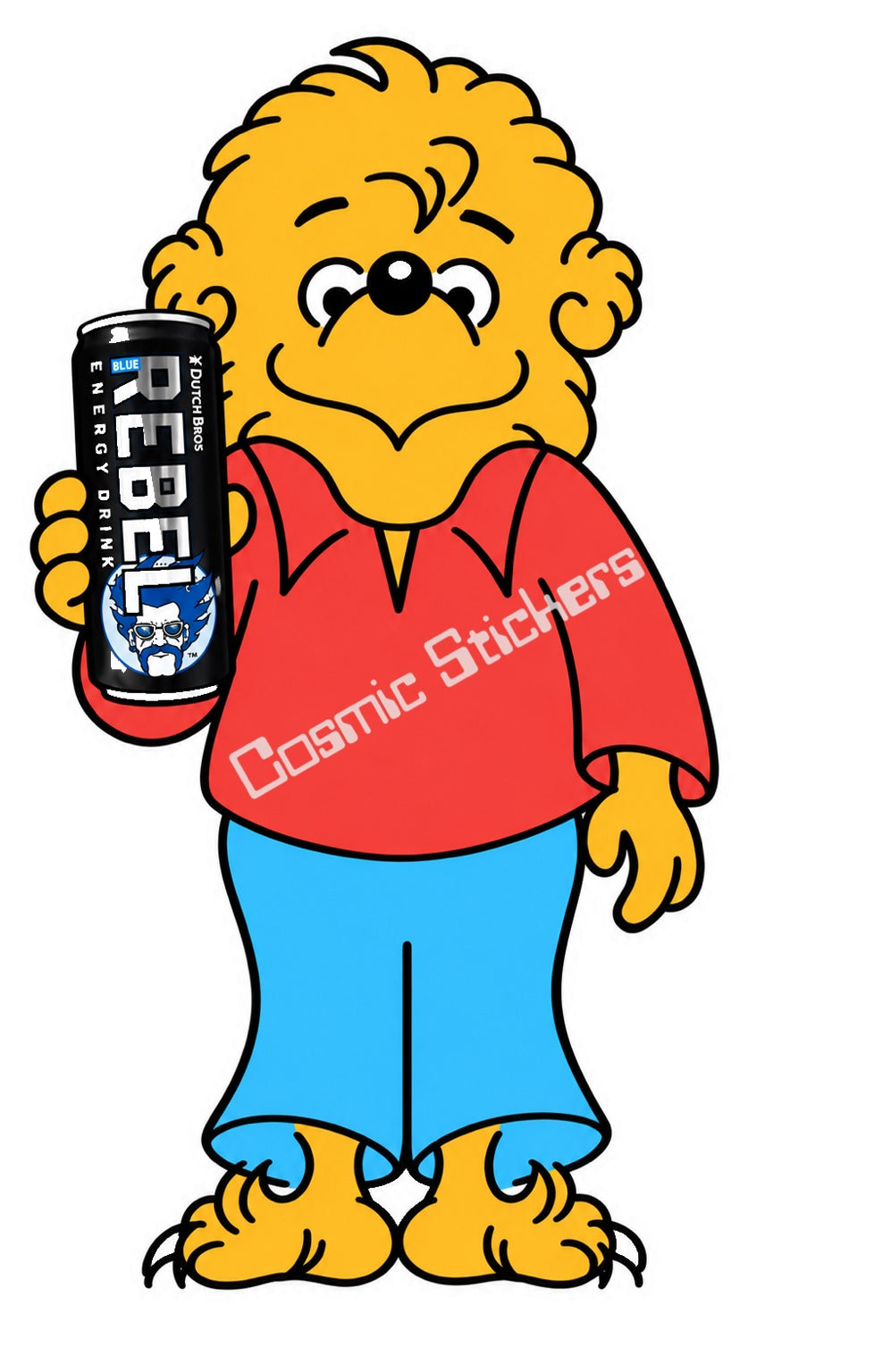Fan-made Berenstain Bears Brother Bear holding a regular Dutch Bros Rebel can