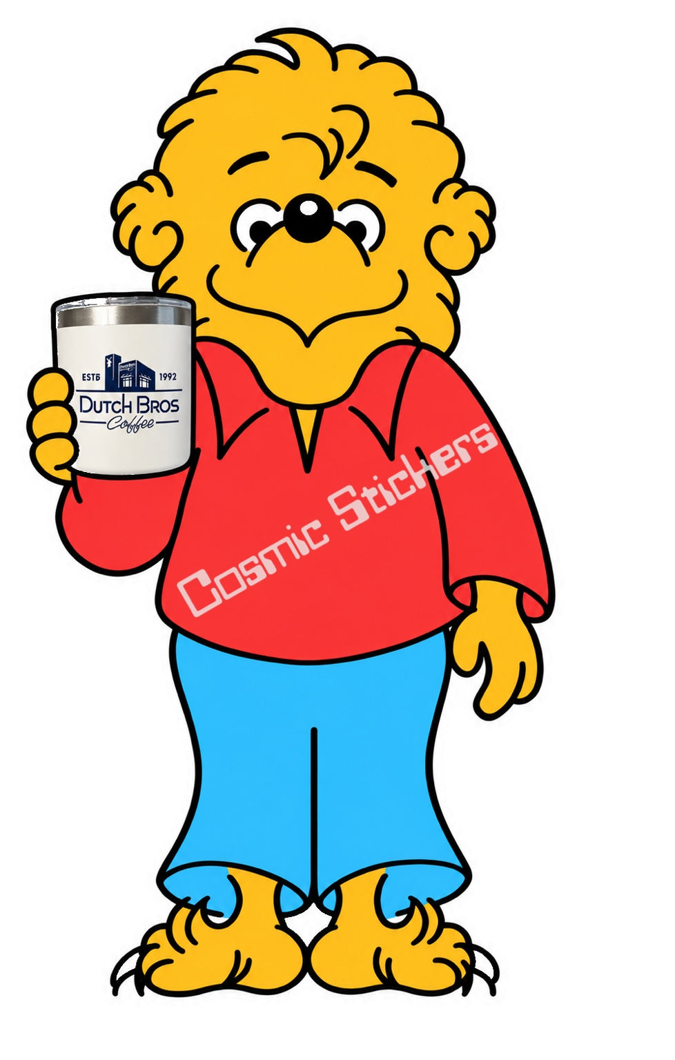 Fan-made Berenstain Bears Brother Bear holding a Dutch Bros travel tumbler