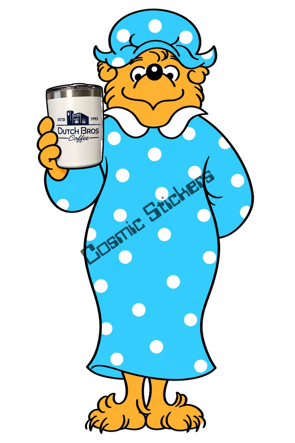 Fan-made Berenstain Bears Mama Bear holding a Dutch Bros travel tumbler