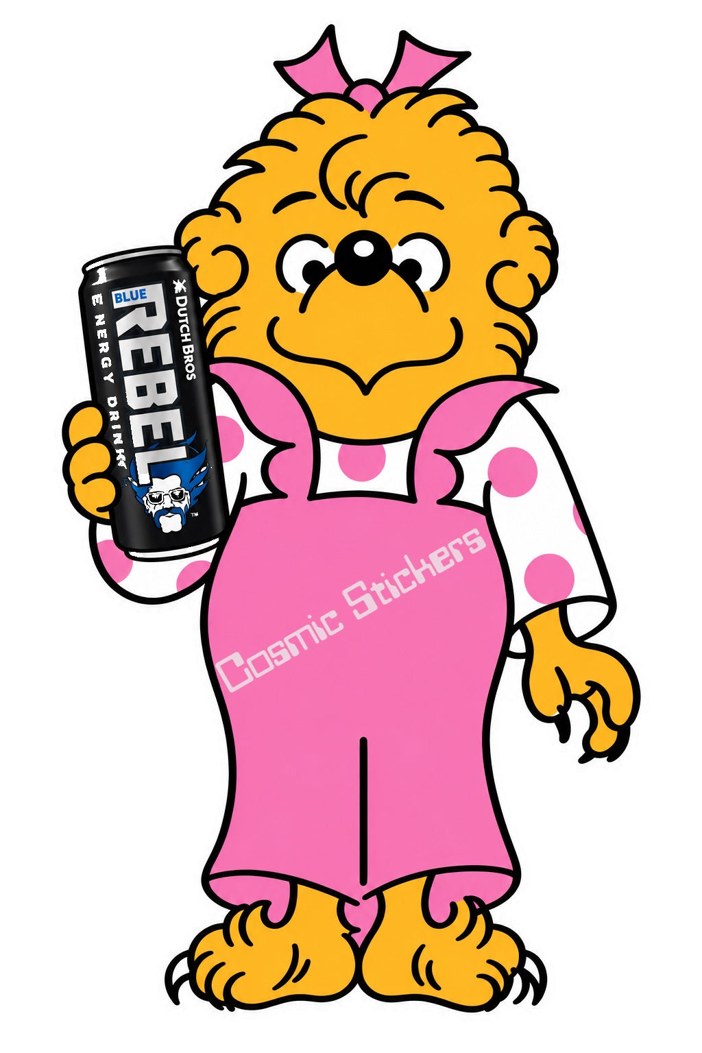 Fan-made Berenstain Bears Sister Bear holding a regular Dutch Bros Rebel can