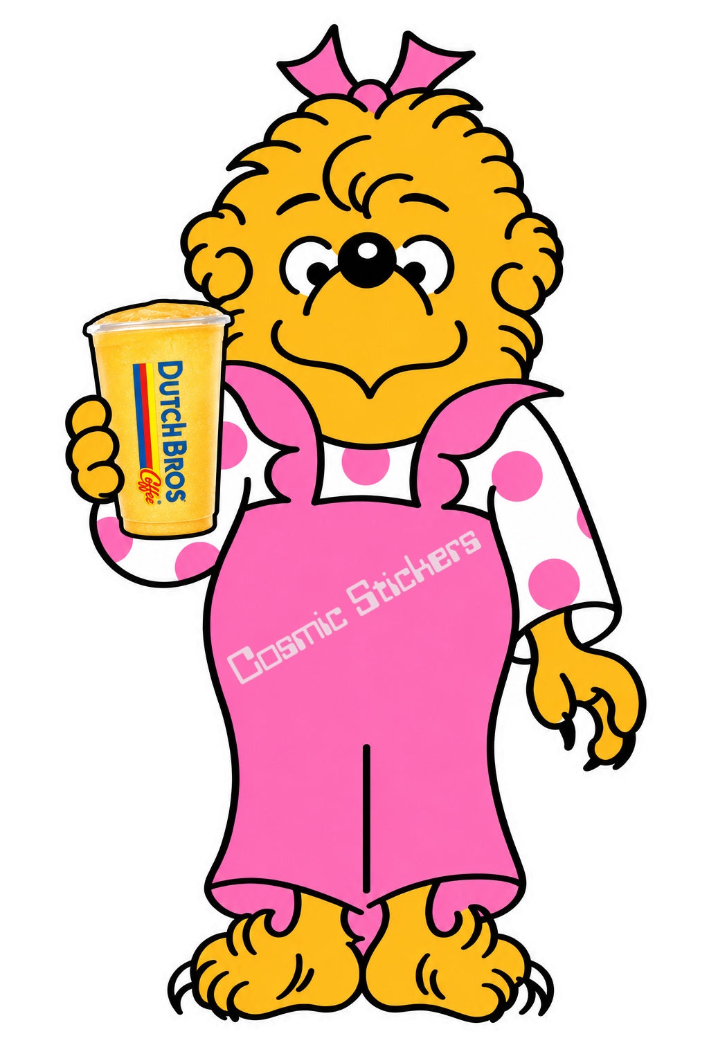 Fan-made Berenstain Bears Sister Bear holding a yellow blended Dutch Bros drink