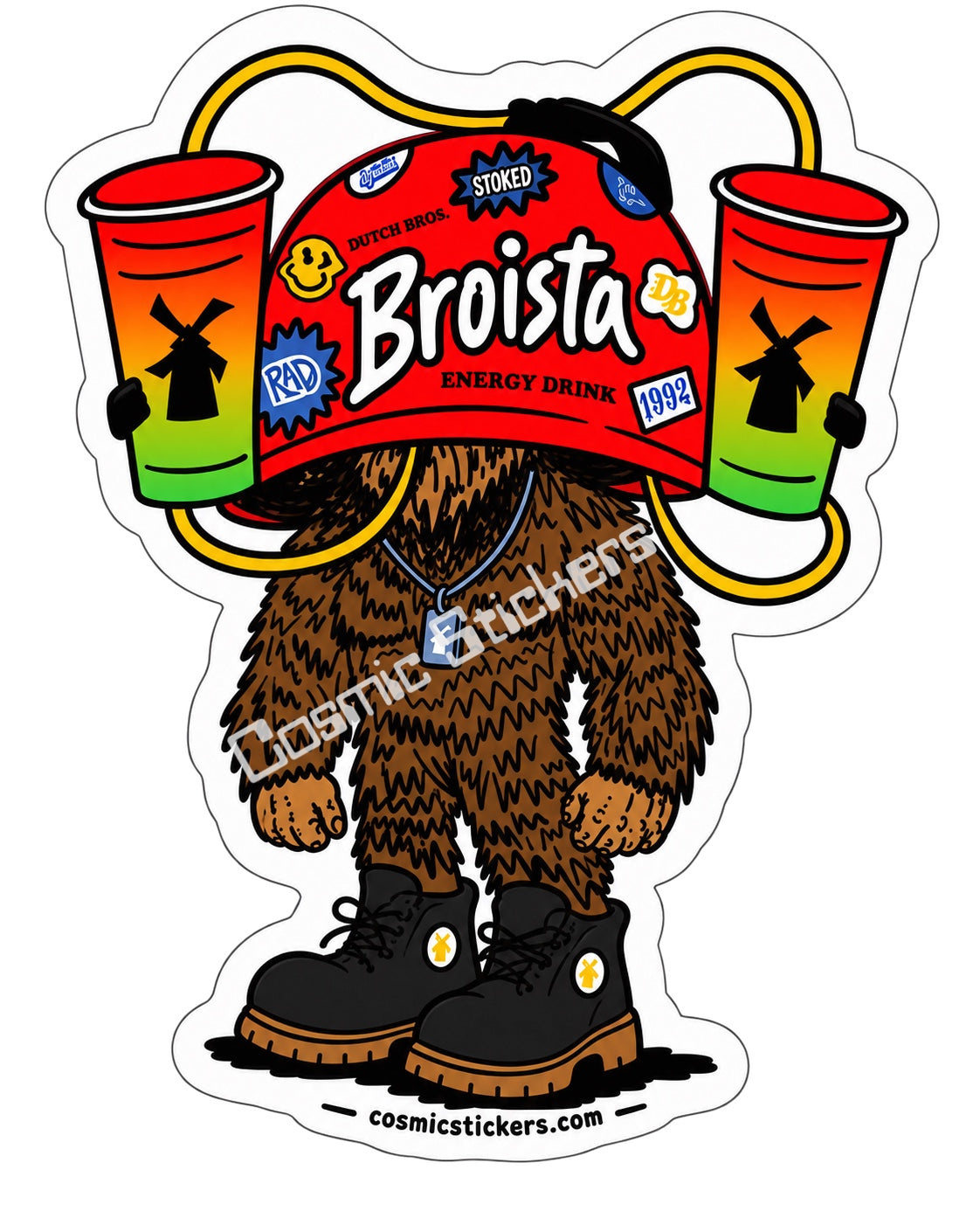 Fan-made Broista Bigfoot energy drink sticker with cosmicstickers.com branding