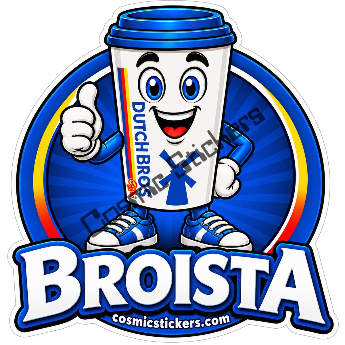 Fan-made Broista coffee cup mascot sticker with cosmicstickers.com branding