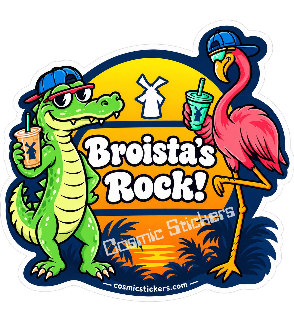 Fan-made Broista's Rock sticker with alligator and flamingo, Cosmic Stickers branding