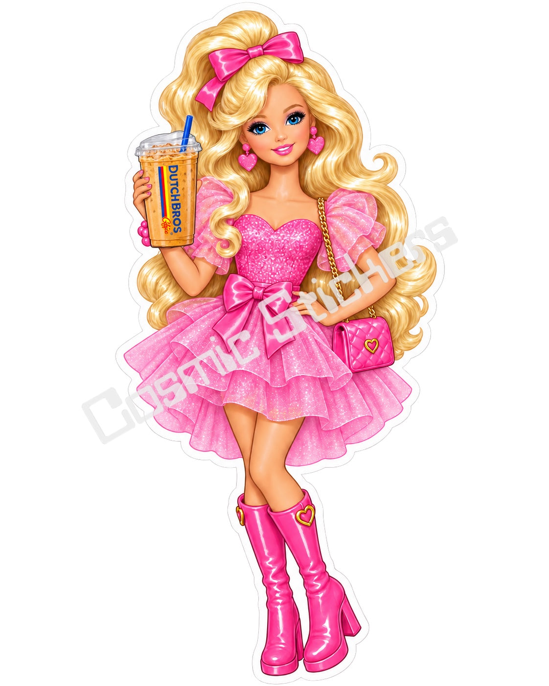 Fan-made Barbie blonde pink dress iced coffee vinyl sticker by Cosmic Stickers