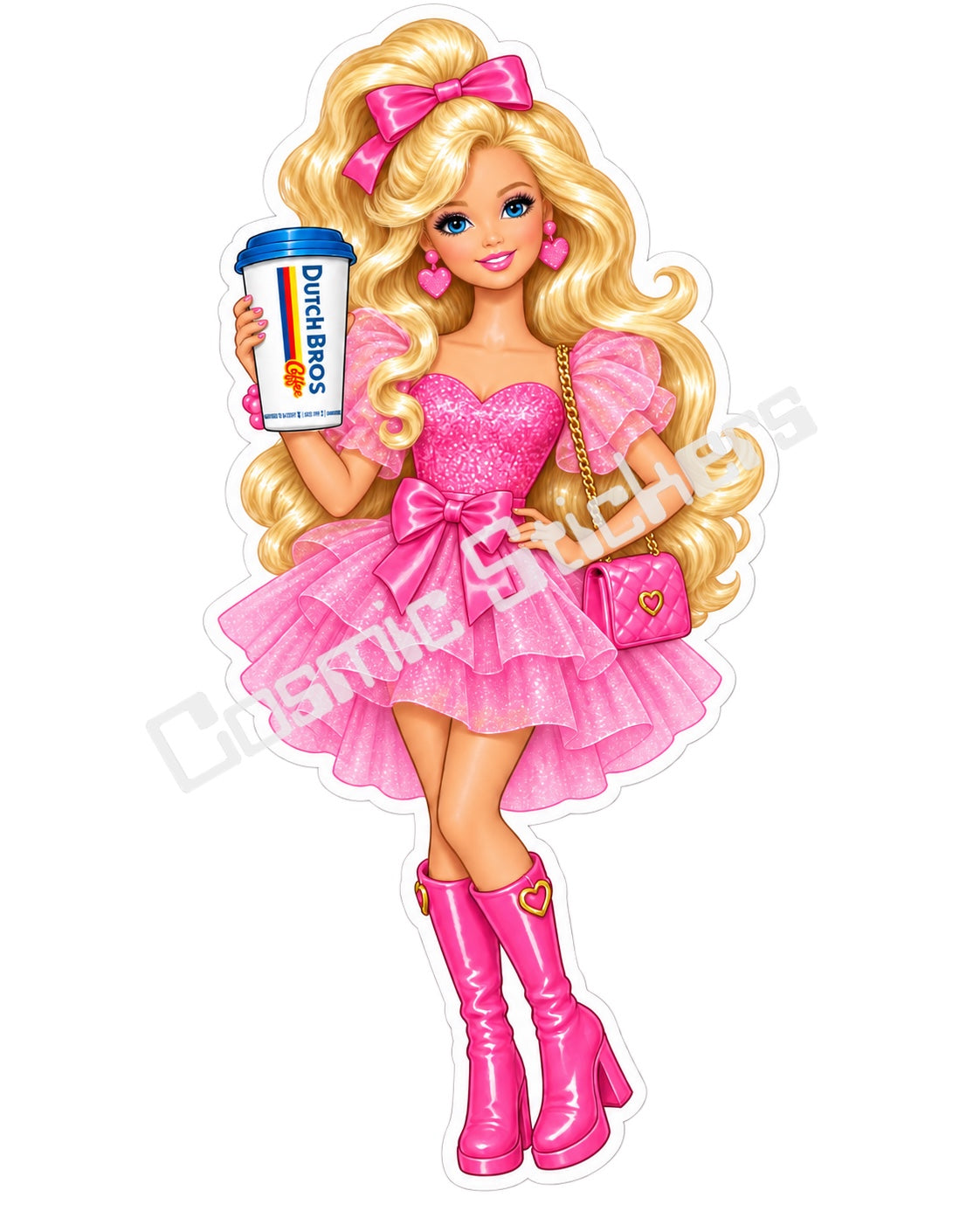 Fan-made Barbie blonde pink dress hot coffee vinyl sticker by Cosmic Stickers