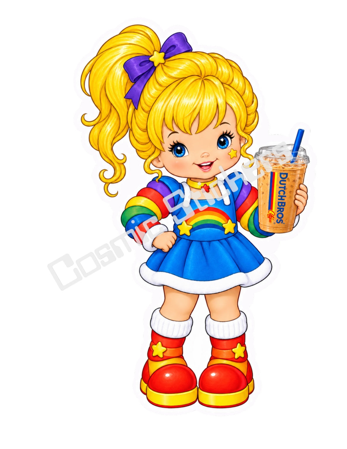 Fan-made Rainbow Brite iced coffee vinyl sticker by Cosmic Stickers