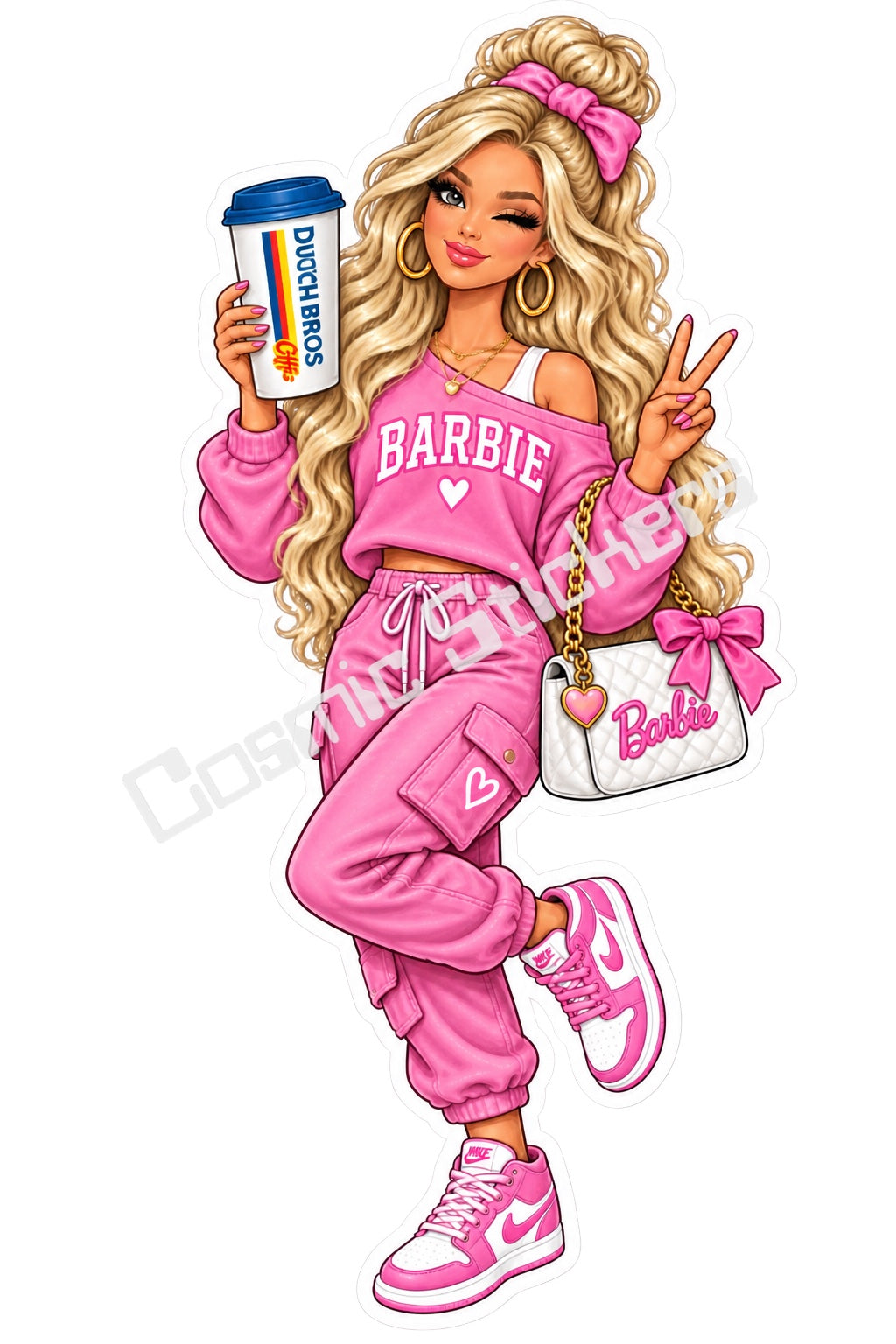 Fan-made Barbie blonde pink casual hot coffee vinyl sticker by Cosmic Stickers
