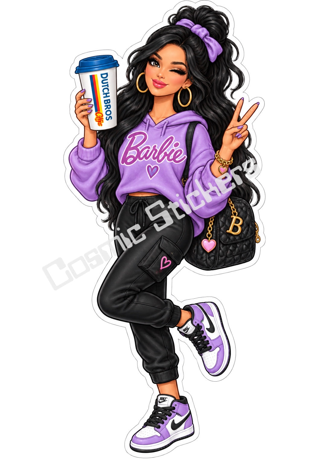 Fan-made Barbie black hair purple outfit hot coffee vinyl sticker by Cosmic Stickers