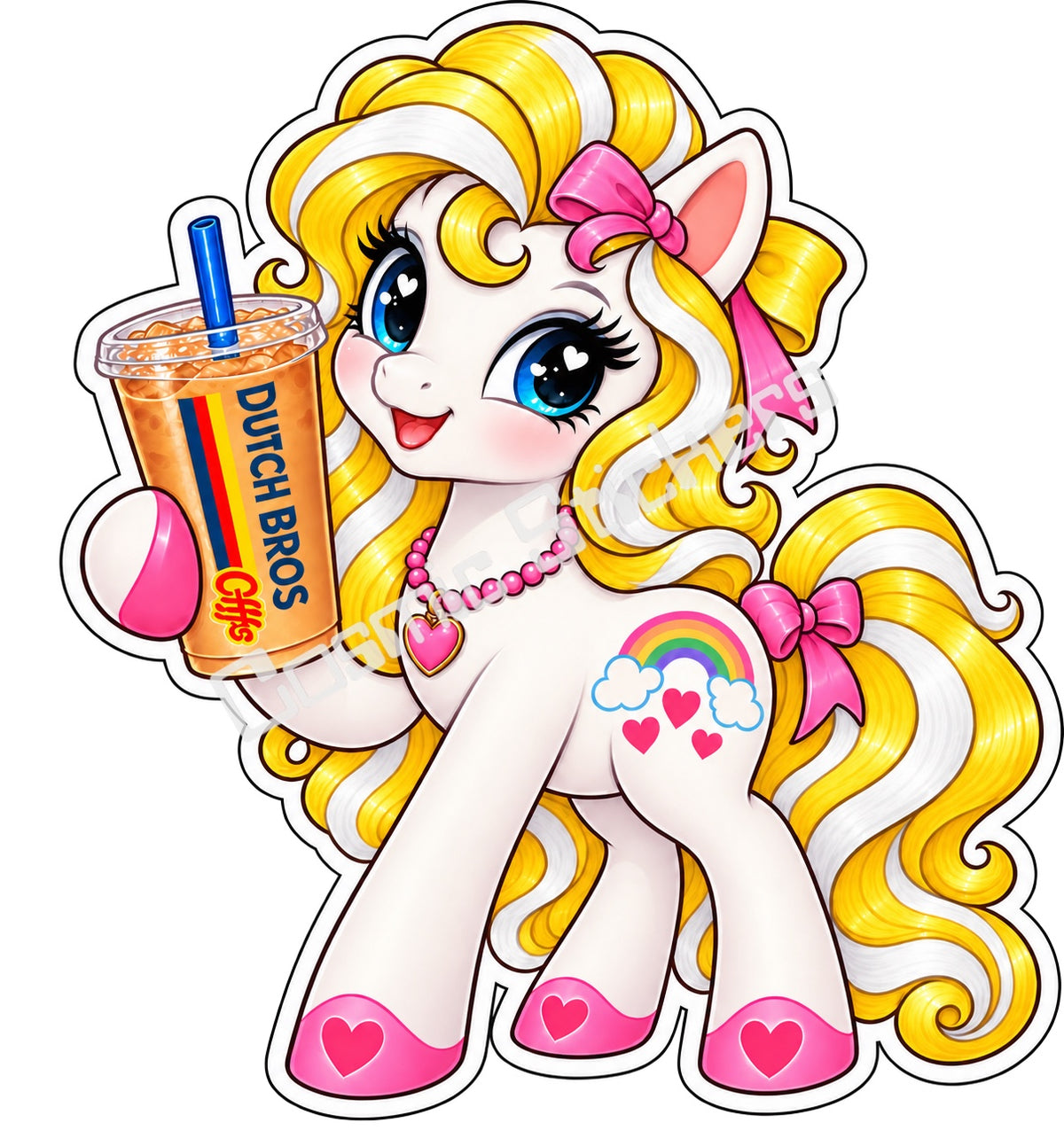 Fan-made rainbow pony yellow and white hair iced coffee vinyl sticker by Cosmic Stickers