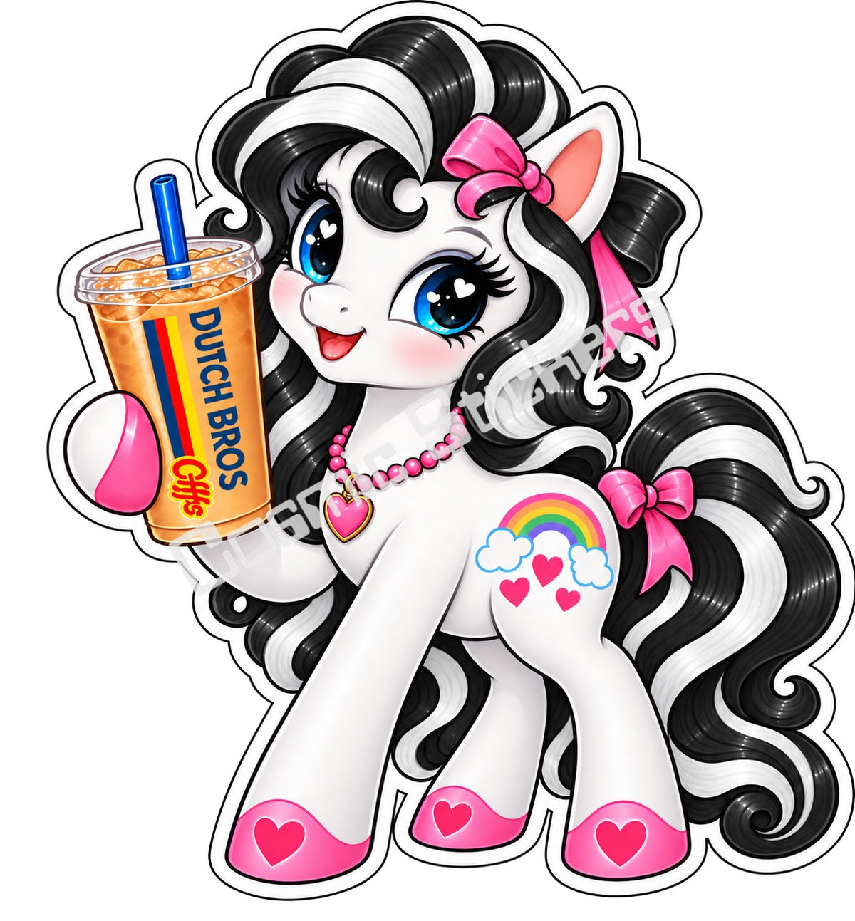 Fan-made rainbow pony black and white hair iced coffee vinyl sticker by Cosmic Stickers