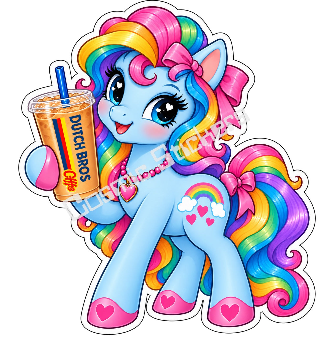 Fan-made rainbow pony rainbow hair blue body iced coffee vinyl sticker by Cosmic Stickers