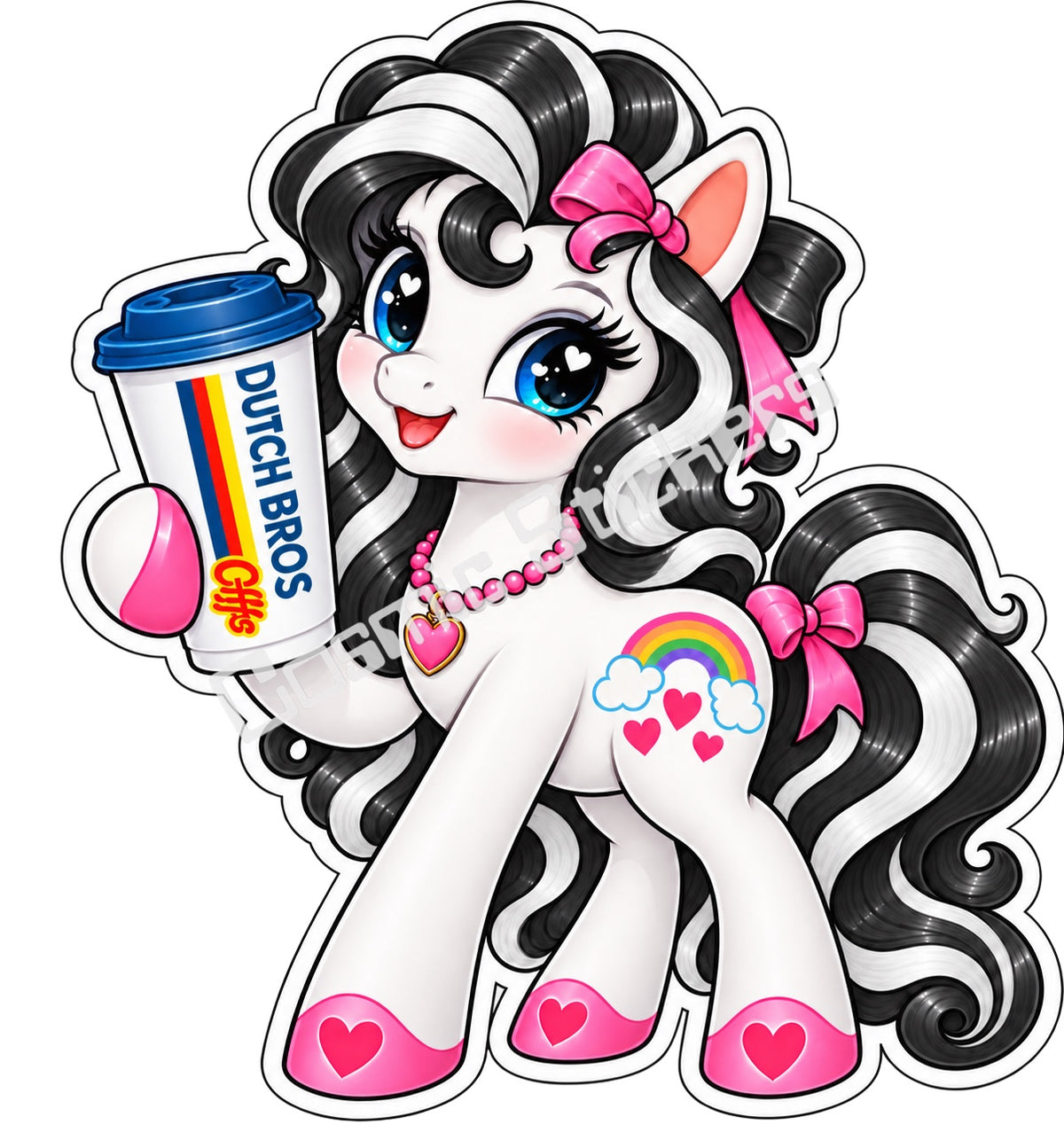Fan-made rainbow pony black and white hair hot coffee vinyl sticker by Cosmic Stickers
