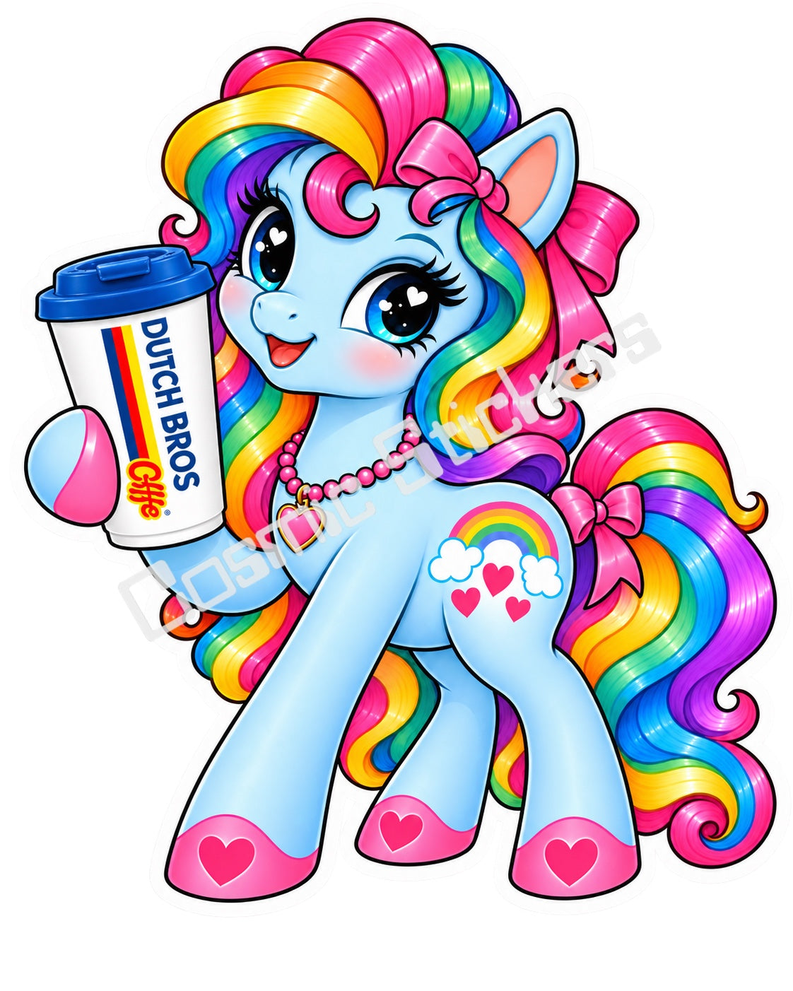 Fan-made rainbow pony rainbow hair blue body hot coffee vinyl sticker by Cosmic Stickers