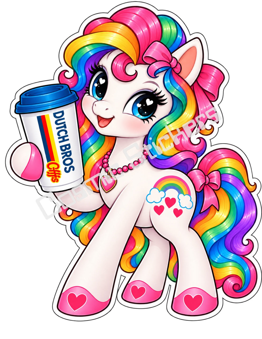 Fan-made rainbow pony rainbow hair white body hot coffee vinyl sticker by Cosmic Stickers