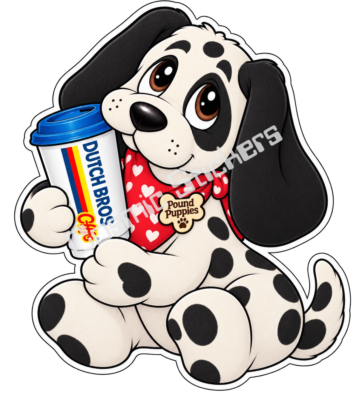 Fan-made Pound Puppies black and white spotted hot coffee vinyl sticker by Cosmic Stickers