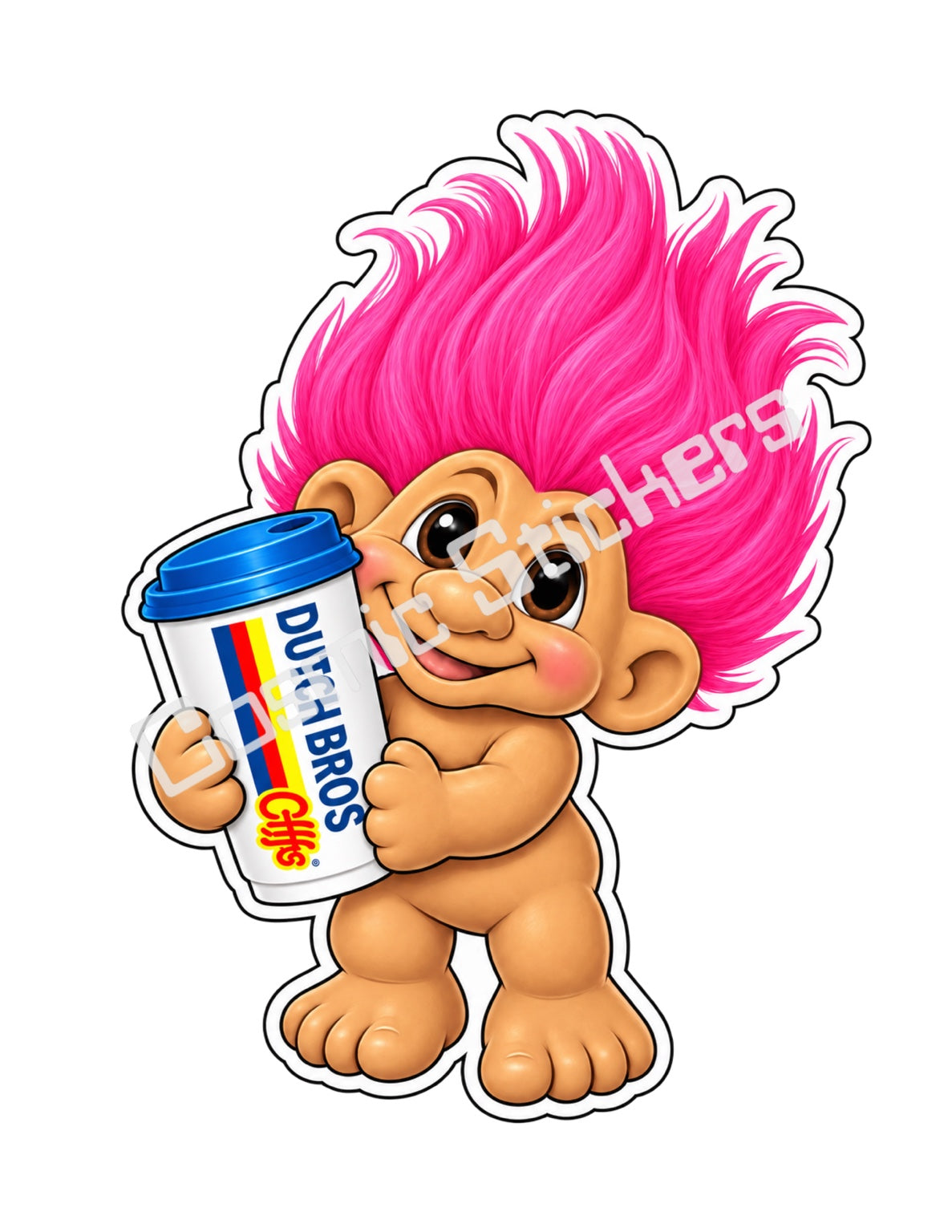 Fan-made pink hair Troll Doll hot coffee vinyl sticker by Cosmic Stickers