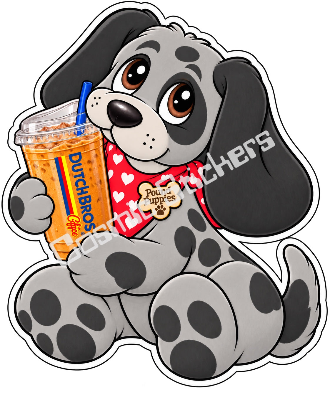 Fan-made Pound Puppies gray and black iced coffee vinyl sticker by Cosmic Stickers