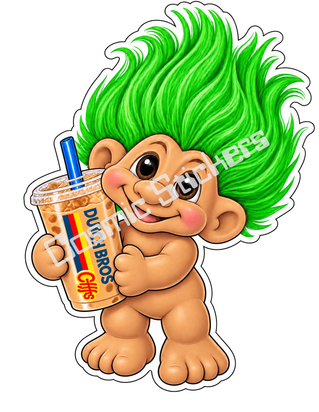 Fan-made green hair Troll Doll iced coffee vinyl sticker by Cosmic Stickers