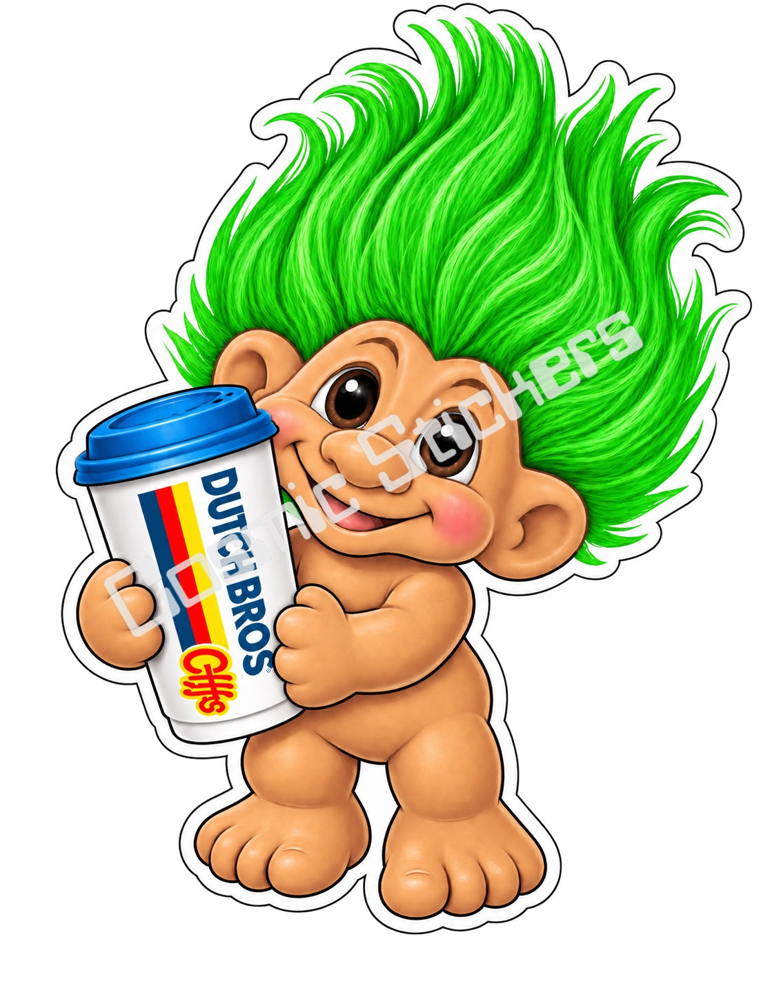 Fan-made green hair Troll Doll hot coffee vinyl sticker by Cosmic Stickers