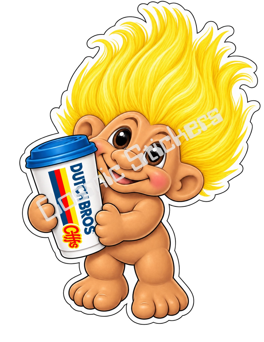 Fan-made yellow blonde hair Troll Doll hot coffee vinyl sticker by Cosmic Stickers