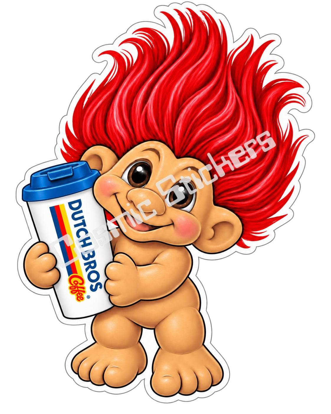 Fan-made red hair Troll Doll hot coffee vinyl sticker by Cosmic Stickers