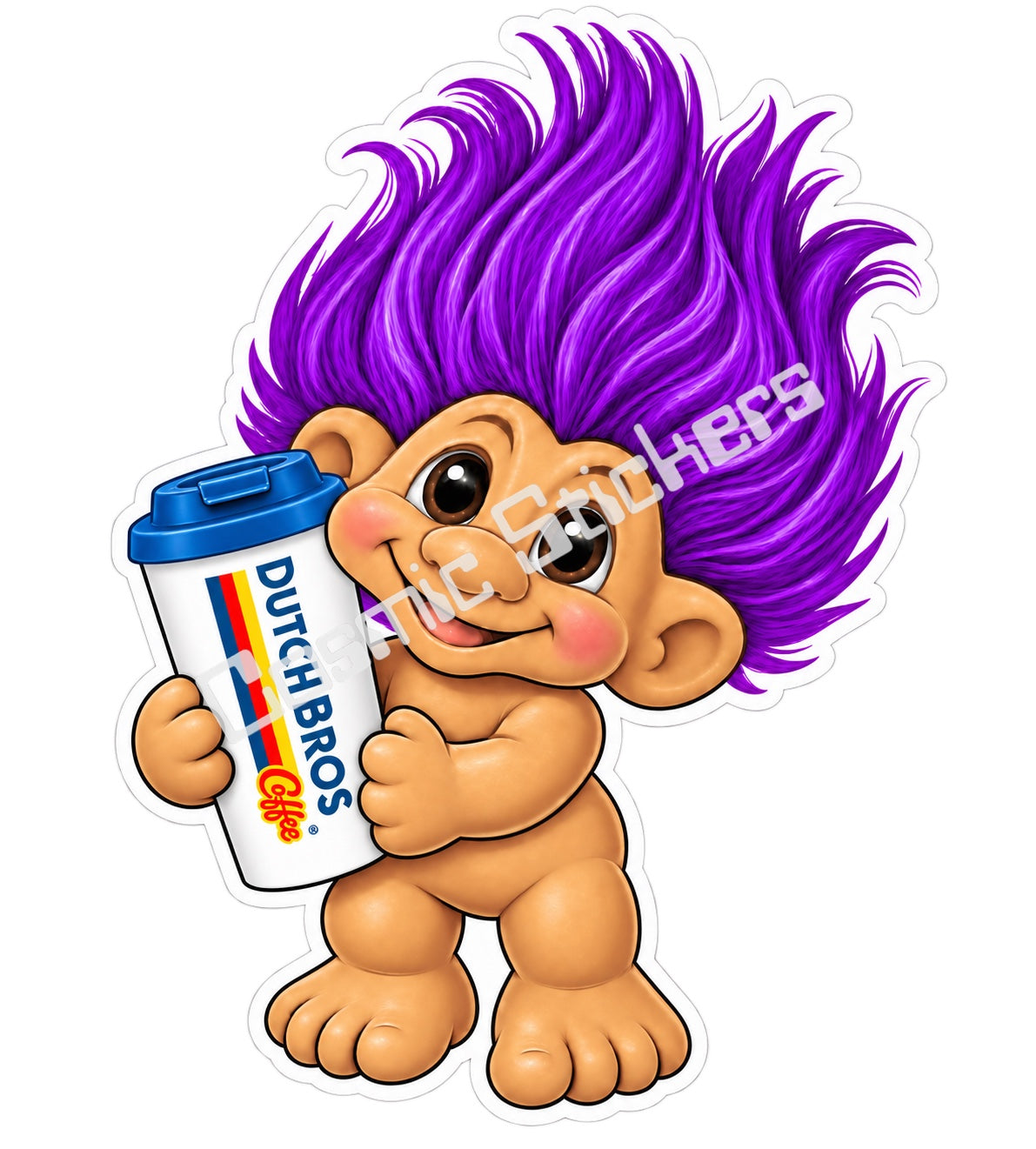 Fan-made purple hair Troll Doll hot coffee vinyl sticker by Cosmic Stickers