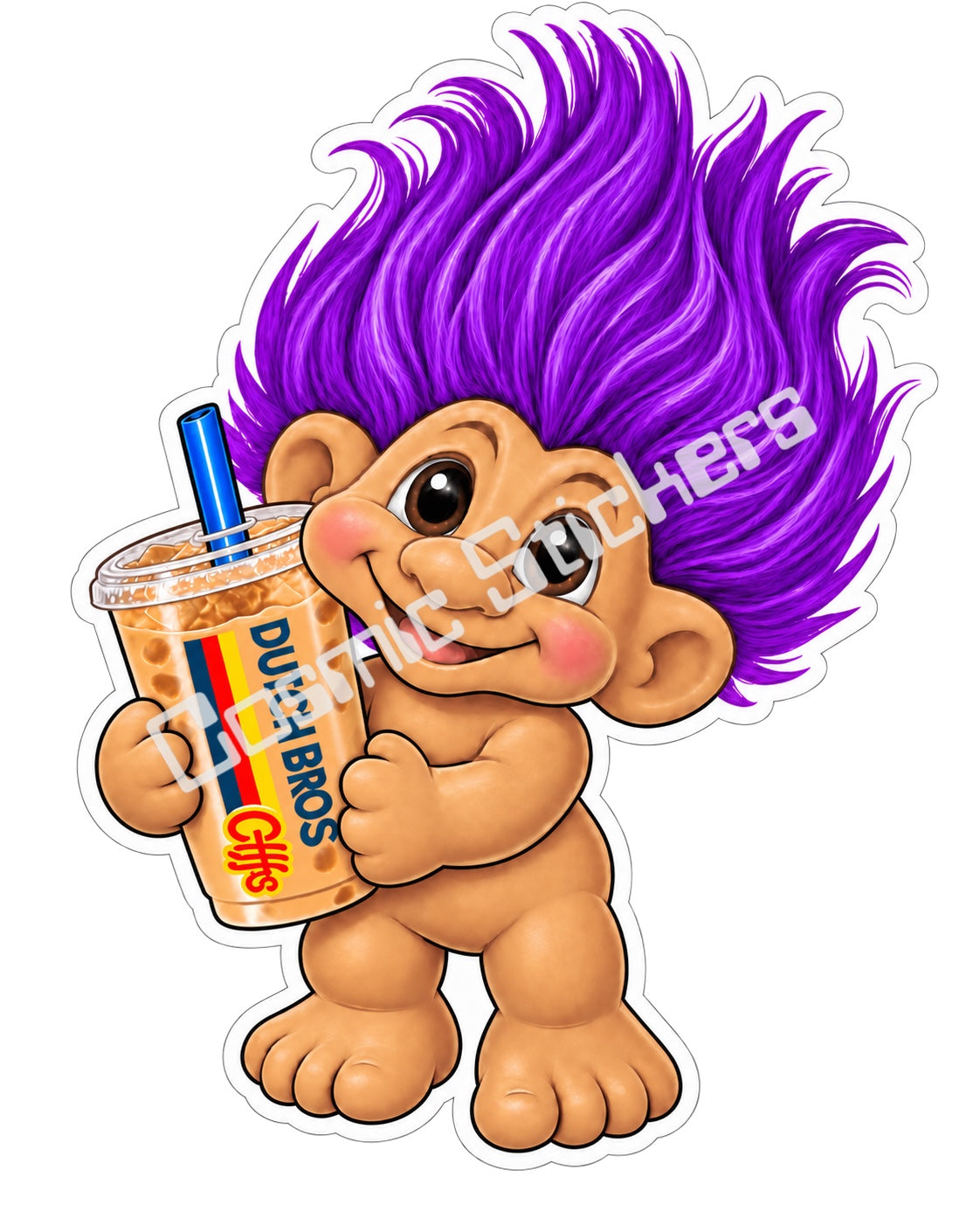 Fan-made purple hair Troll Doll iced coffee vinyl sticker by Cosmic Stickers
