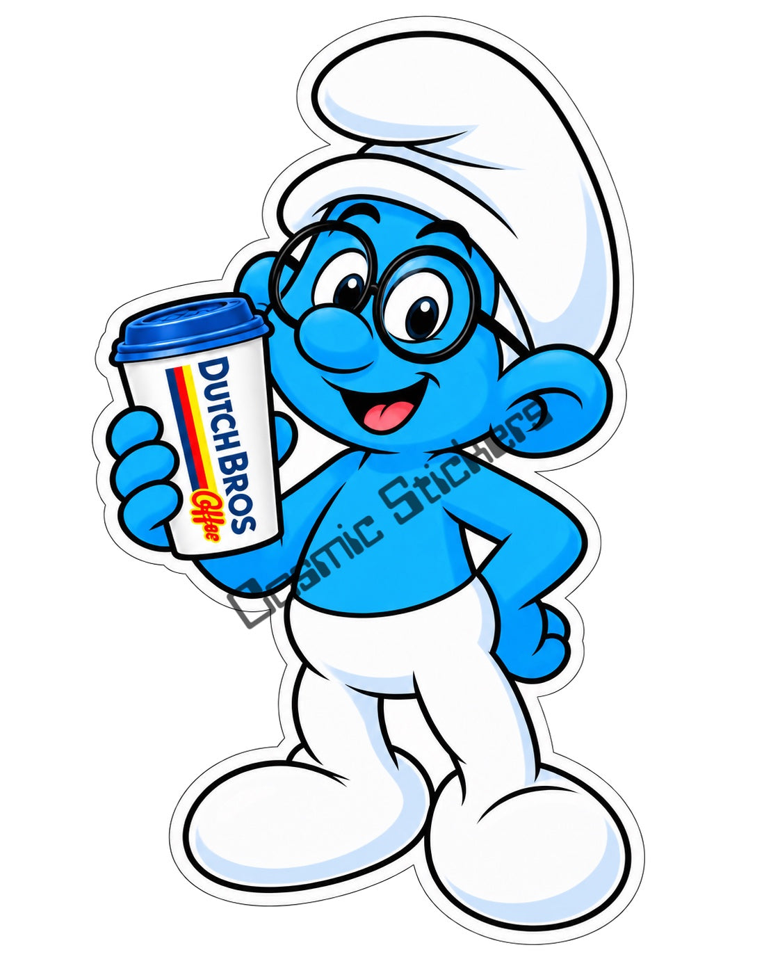 Fan-made Brainy Smurf hot coffee vinyl sticker by Cosmic Stickers